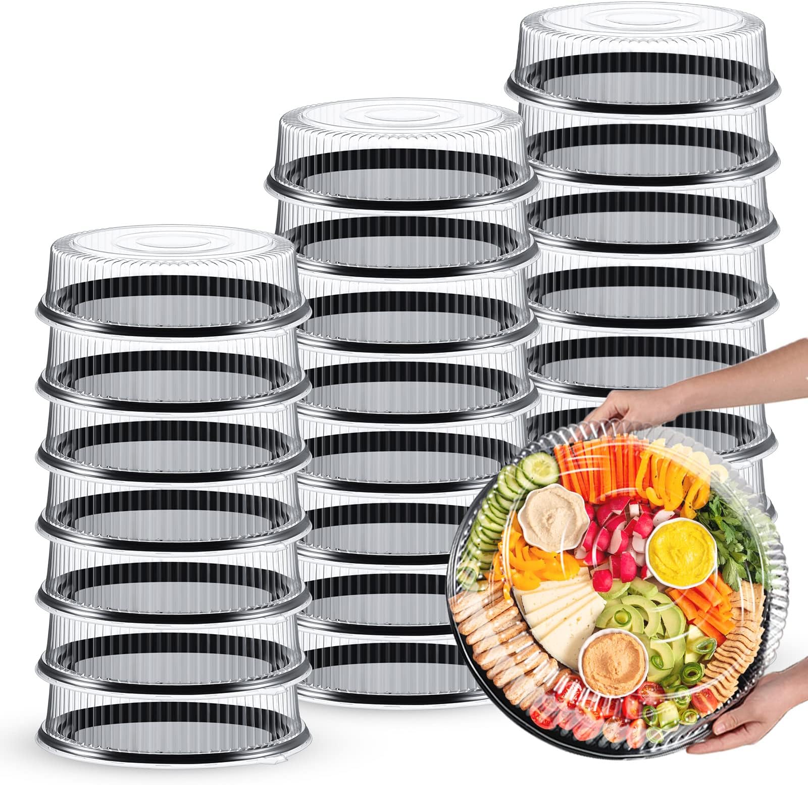 24 Pack Round Serving Trays with Lid 16 Inch Trays for Serving Food,Large Catering Tray Black Plastic Party Platters with Clear Lids for Party Appetizers Veggie Sandwich Takeout Picnic