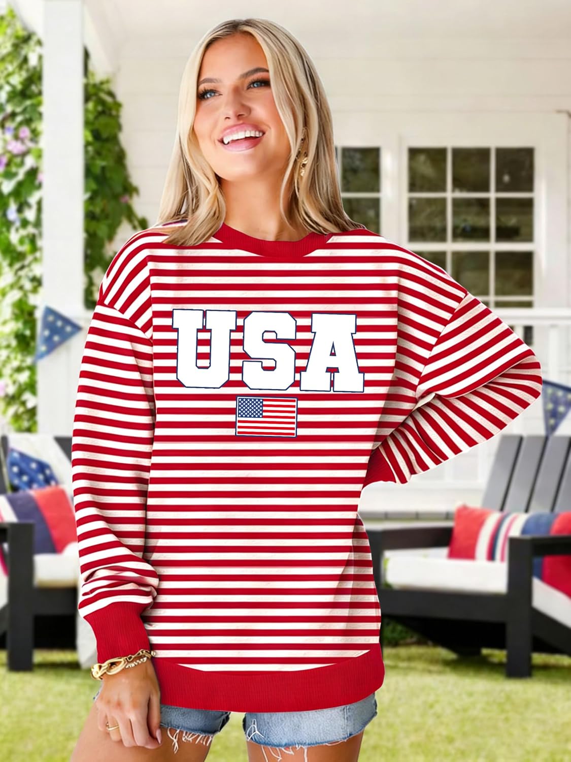 NEWWEN USA Shirt Women 4th of July Shirts American Flag Long Sleeve Shirt Patriotic Sweatshirt Stripes Graphic Pullover Tops