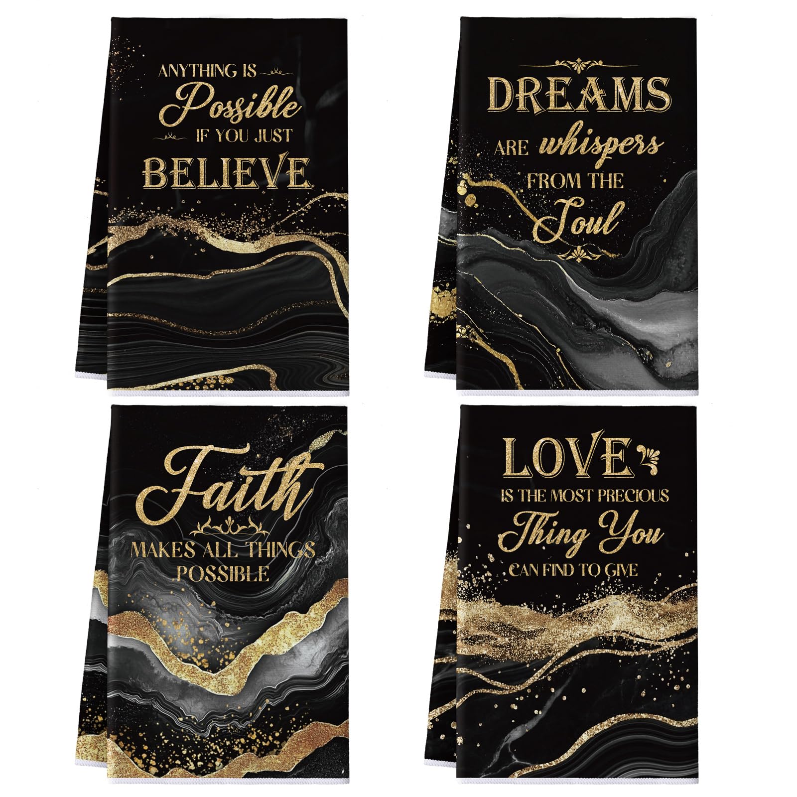 Geyoga 4 Pcs Black and Gold Marble Kitchen Bathroom Hand Towels