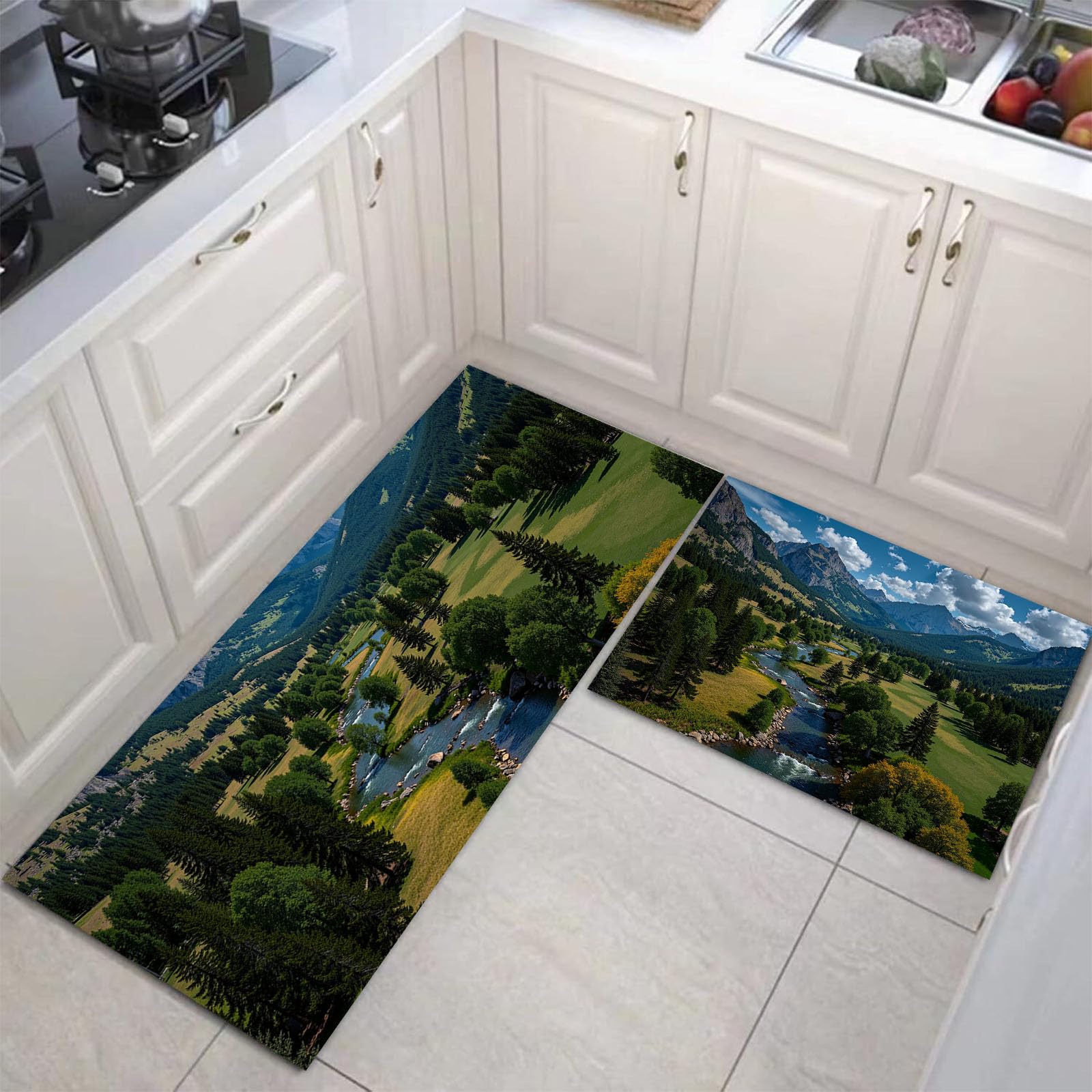 Tapis Cuisine Antiderapant Lavable Lot De 2 Parc Forestier Naturel, Tapis Anti-Fatigue Design Paysage Montagne Vert Foncé pour Couloir Salle À Manger Entrée