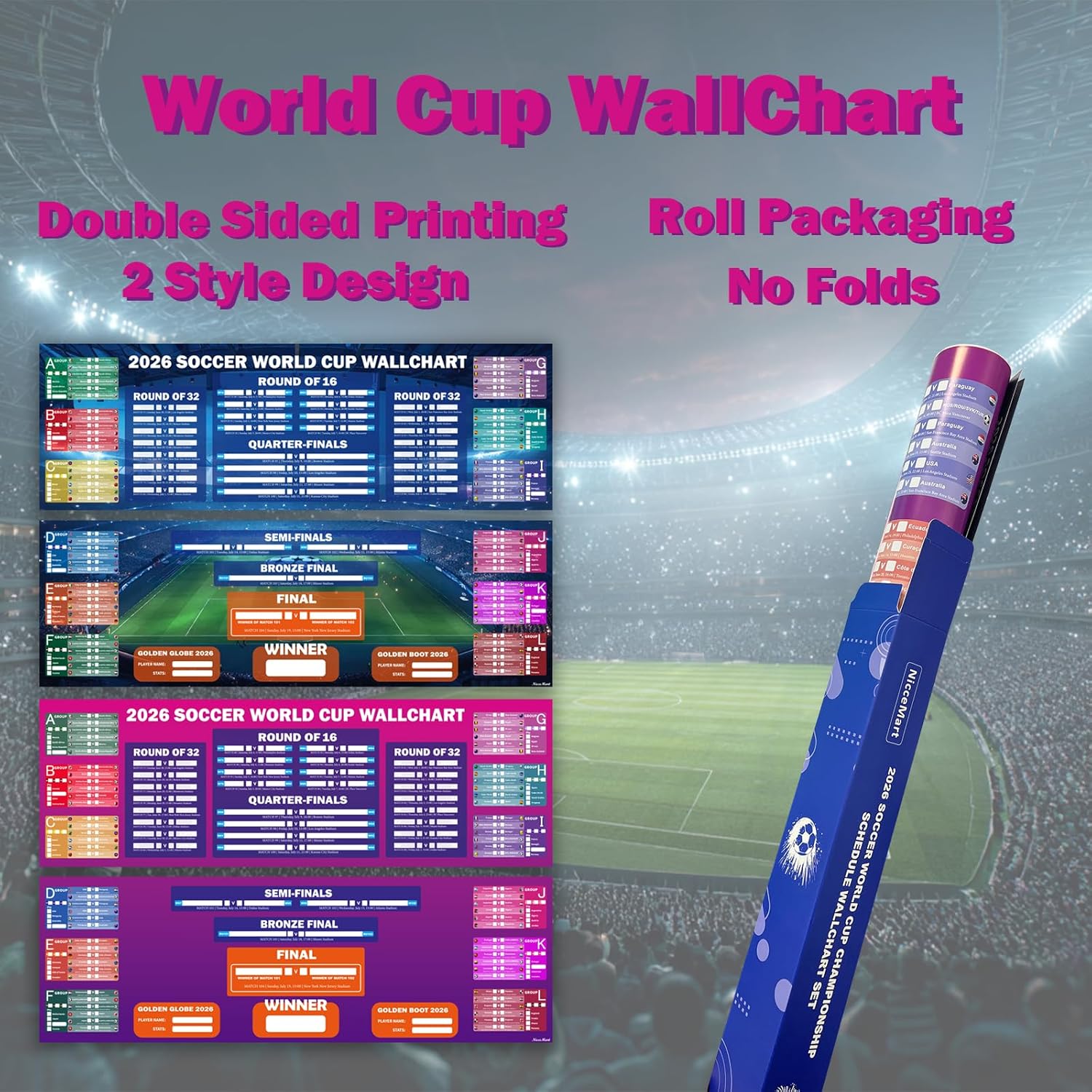 NicceMart World Cup Soccer Ball 2026 Tournament Wallchart Set, 39" x 26" 2 Design All Matches Poster and 39" x 13" Schedule Chart Double Side Printing No Crease for Soccer Party Bar Home Decorations - Image 7