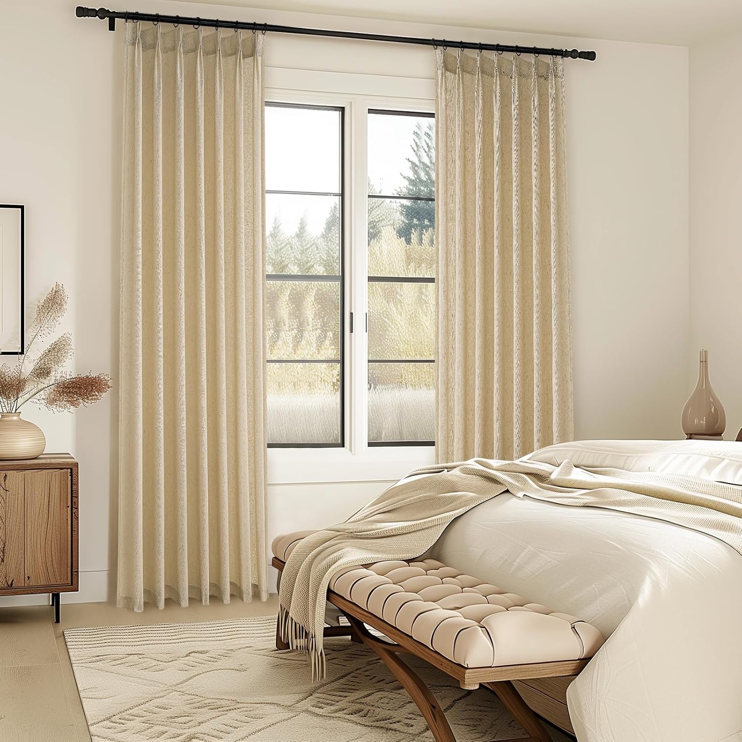 Topfinel Natural Linen Pinch Pleated Curtains 84 Inch Length 2 Panels for Bedroom,Textured Linen Farmhouse Boho Semi Sheer Window Curtain Back Tab Pinch Pleat Drapes with Hooks 84 Inches Long