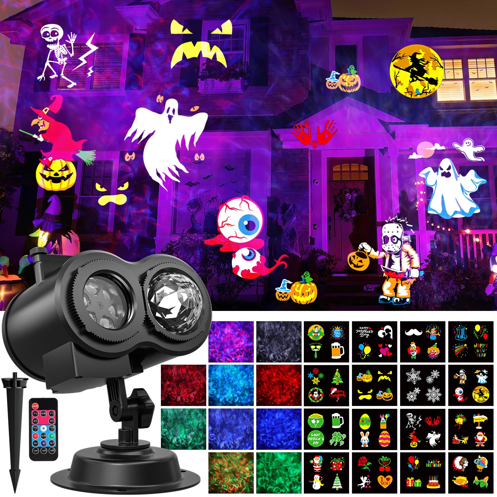OUSFOT Proiettore Halloween, Proiettori per Esterni 16 Diapositive 4 colori di Increspature Dell'acqua, con Funzioni di Temporizzazione e Controllo Remoto, Adatto per Halloween, Natale, Feste
