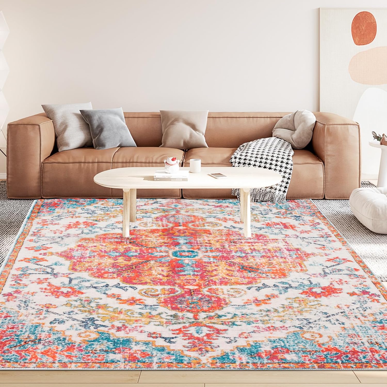 4x6 Machine Washable Area Rug, Ultra Soft Low-Pile Boho Vintage Carpet, Non-Slip Indoor Rug for Living Room, Bedroom (Orange & Red)