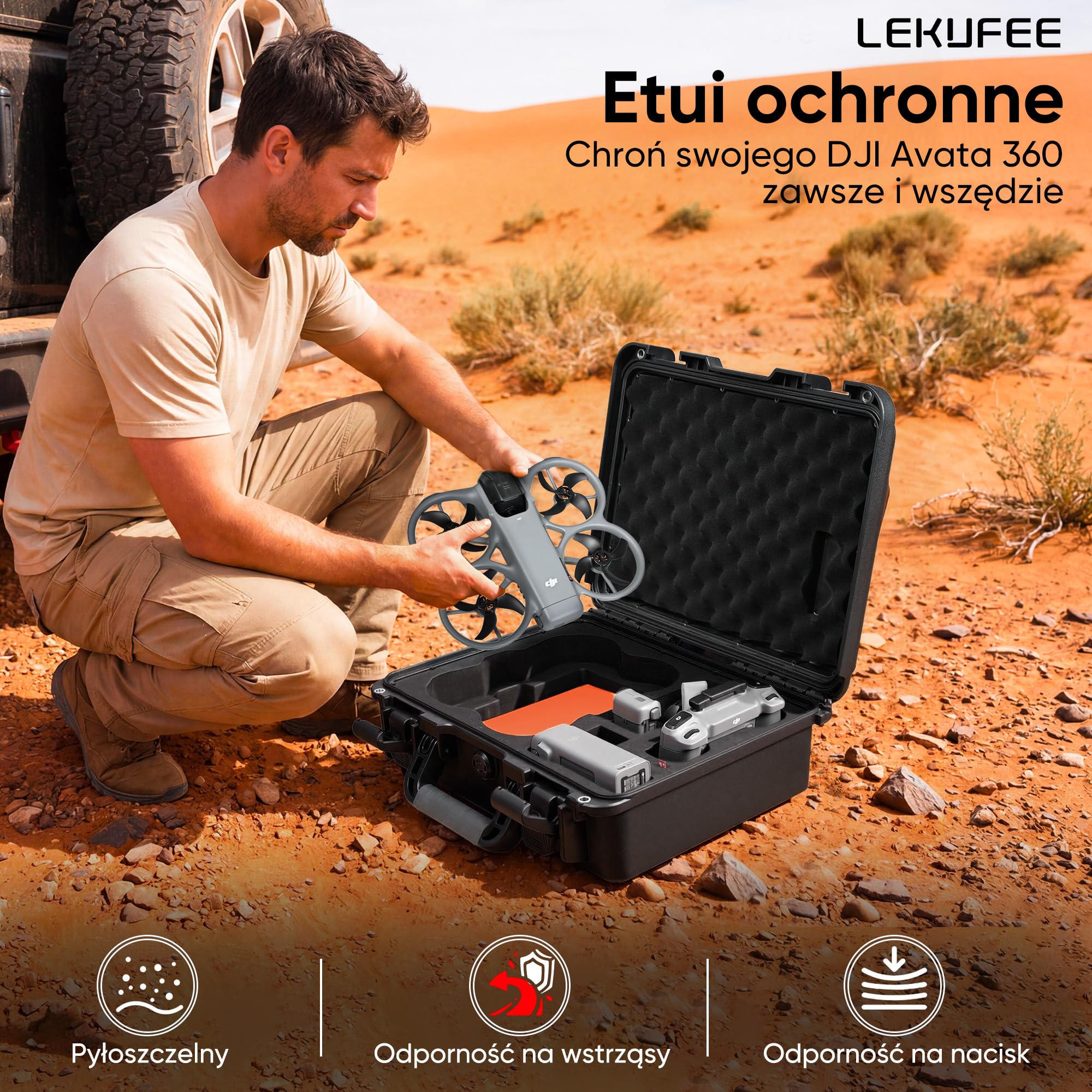 Lekufee Wodoodporna Twarda Walizka Transportowa do drona DJI Avata 360, Fly More Combo (RC 2), DJI RC 2 / N3 / N2, baterii (5 szt.), huba ładującego oraz innych akcesoriów (tylko etui)