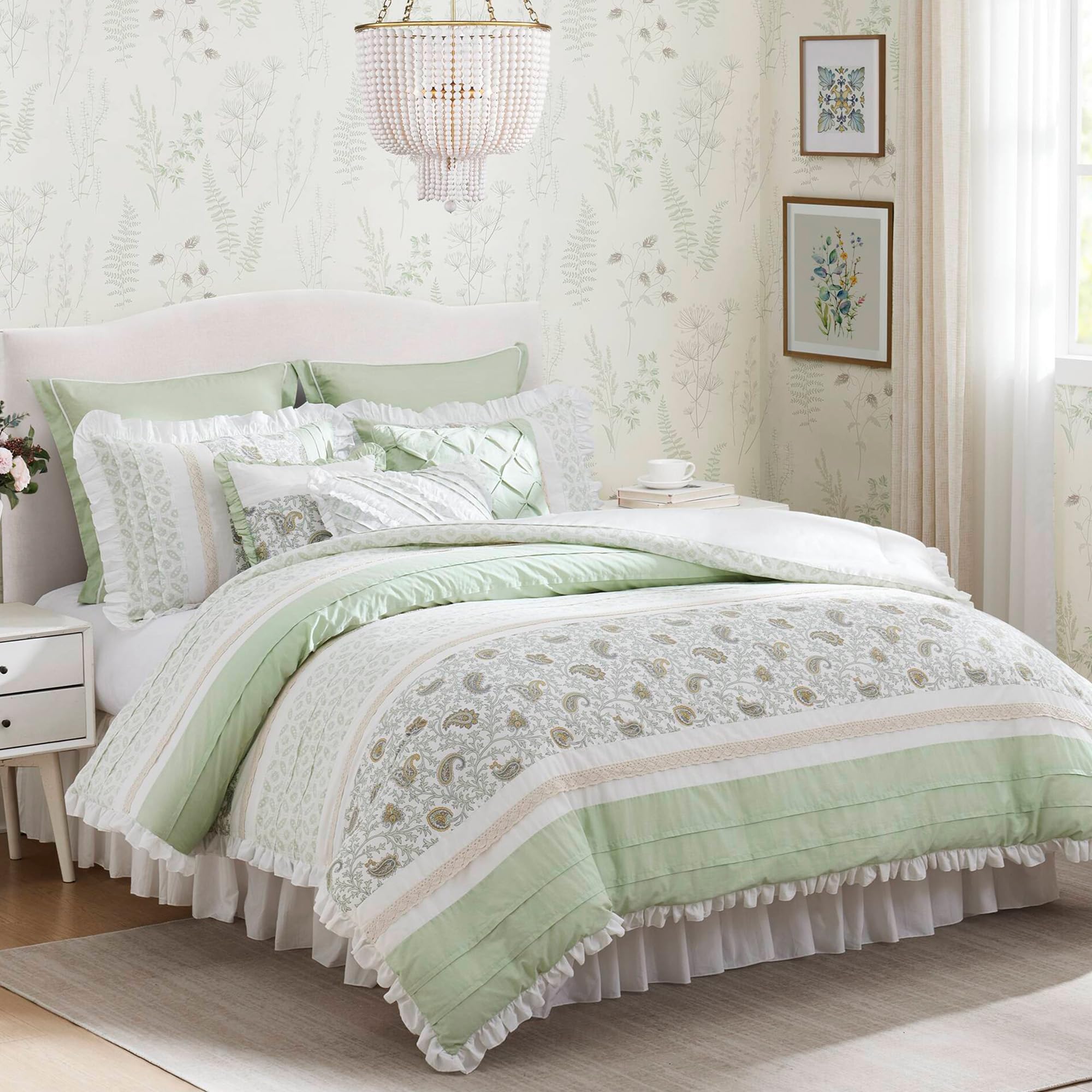 Madison Park Queen Comforter Set Cottage Cotton Comforter for Queen Size Bed, All Season, Lightweight Queen Cotton Bedding Include Shams, Bedskirt & Décor Pillows, Dawn, Queen Sage Green 9 Piece