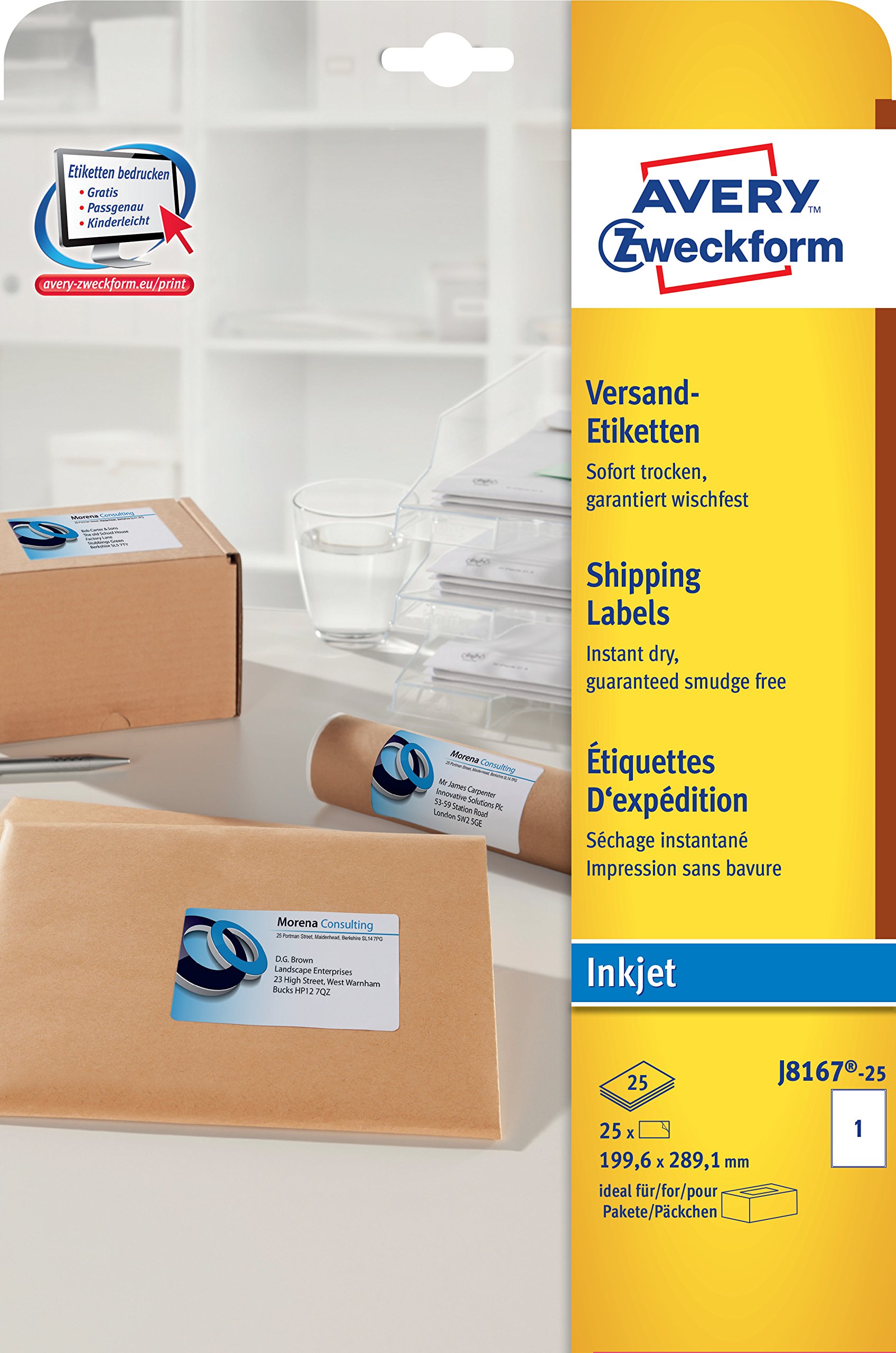 Avery Zweckform J8167-25 Shipping Labels 199.6 x 289.1 mm 25 Sheets / 25 Labels White