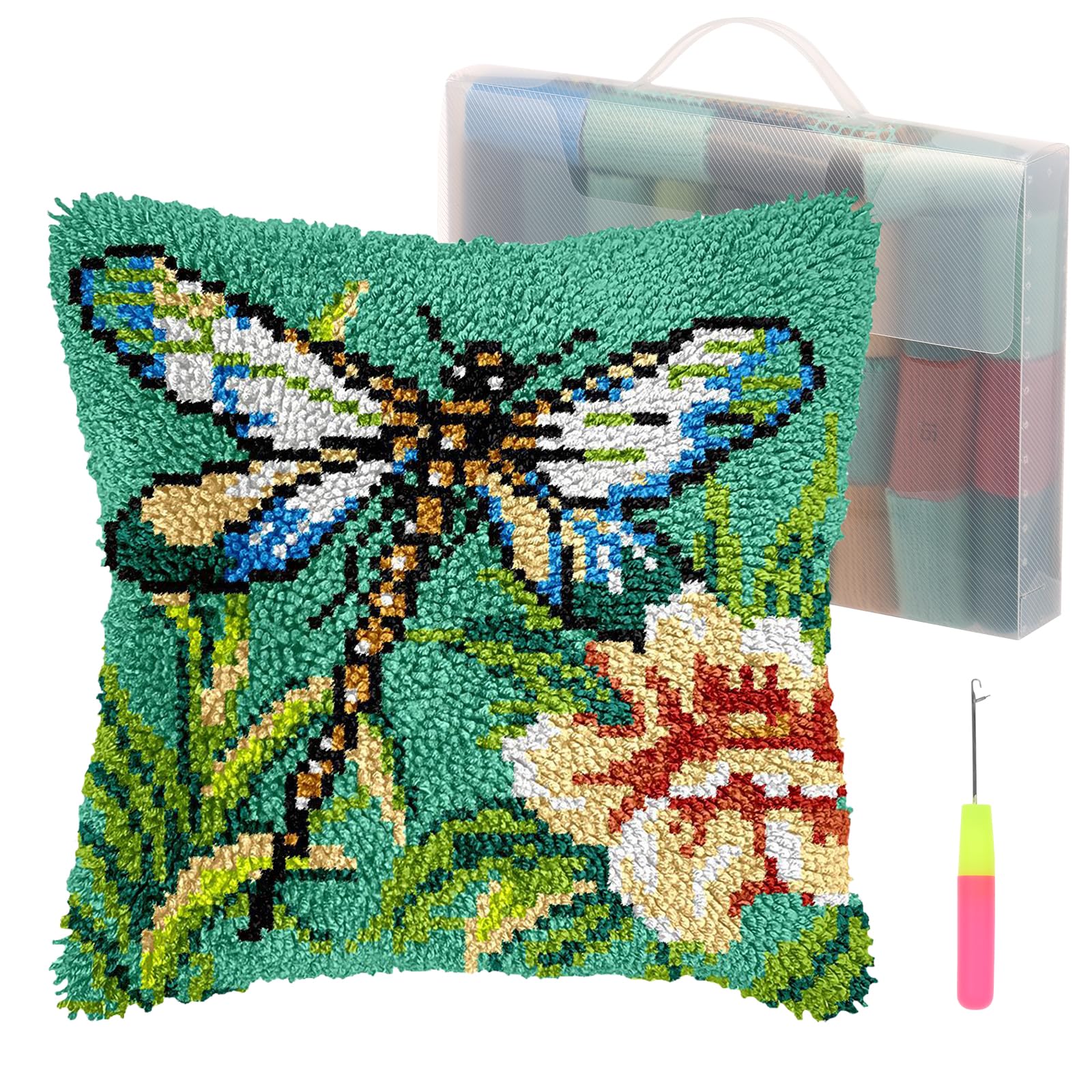 LOUJINGREO Latch Hook Cushion Kits for Adults & Beginners, 3D Embroidery Pillow Materials Cross Stitch Sofa Cushion Cover with Hook Tool,DIY Embroidery Set for Home Sofa Decoration,17X17 Inch (Bird)