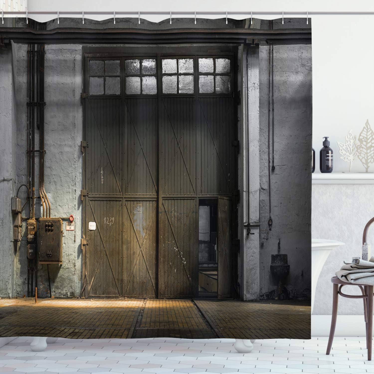 Ambesonne Industrial Shower Curtain, Enter of an Old Factory Building from 50s Broken Rusty Door Empty Storage Photo, Cloth Fabric Bathroom Decor Set with Hooks, 69" W x 84" L, Grey Brown