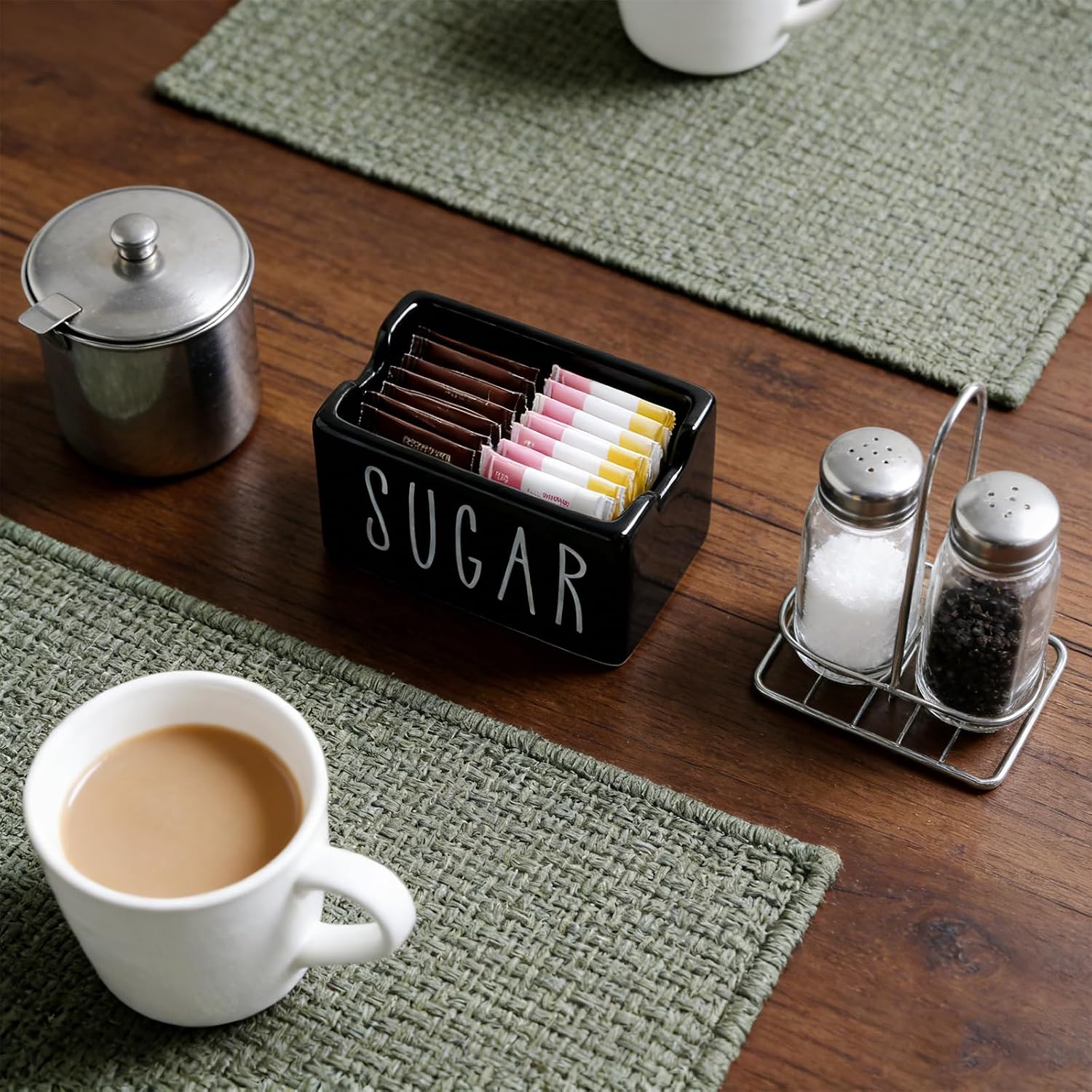 Ceramic Sugar Packet Holder Farmhouse Style Sugar CubeTea Bag Organizer for kitchen Coffee Bar Table Office Hotel Restaurant (Black) (black)