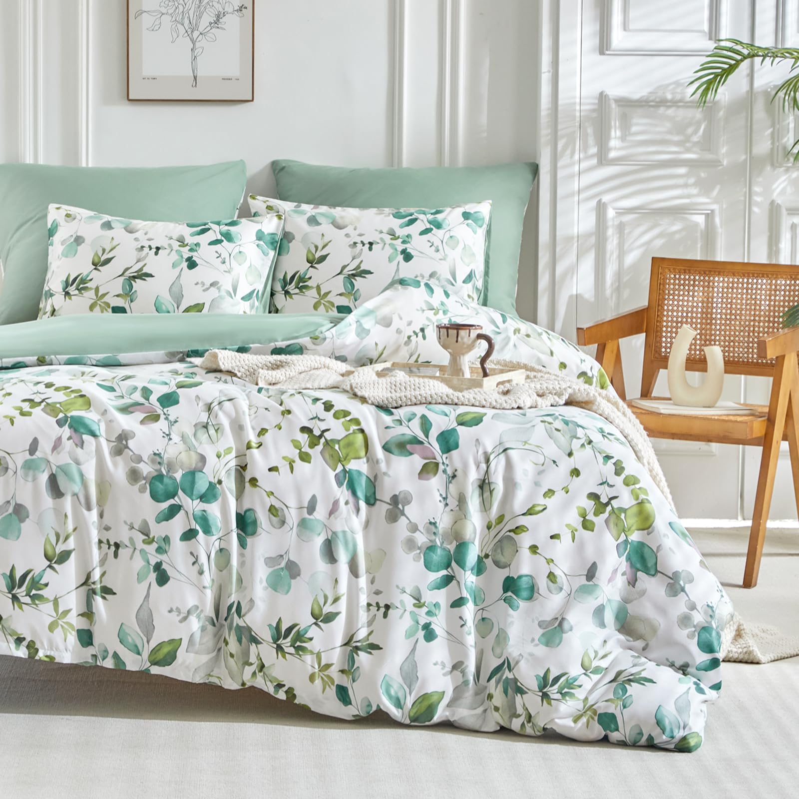 Lekesky Duvet Cover Queen Size, Reversible Botanical Floral Duvet Cover Set with Zipper Closure, 3 Pieces Soft Microfiber Green Bedding Set (1Duvet
