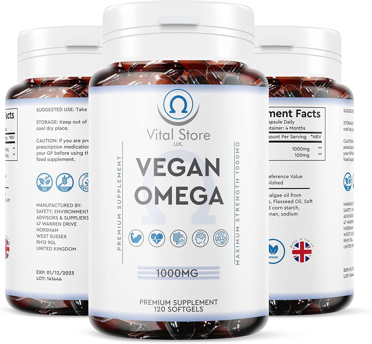 Vegan Omega 3 6 9, DHA & EPA Oil 1000mg 4 Month Supply 120 Soft