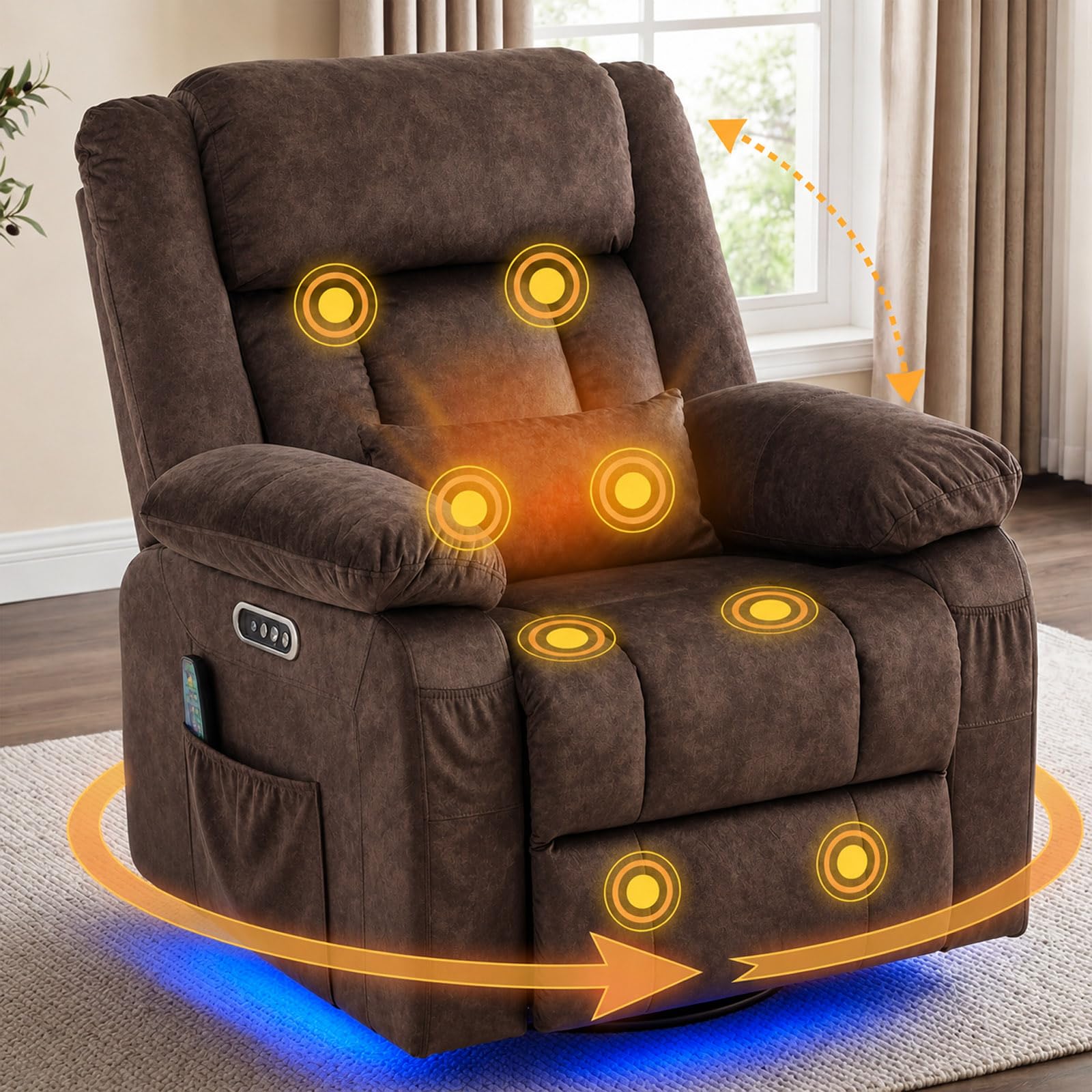 2 Motoren Sessel Elektrisch Verstellbar, Fernsehsessel mit Liegefunktion, Relaxsessel mit Wärme und Massage, 240°Drehbarer TV Sessel Wohnzimmer Schaukelstuhl Kinosessel mit LED-Licht, Dunkelbraun