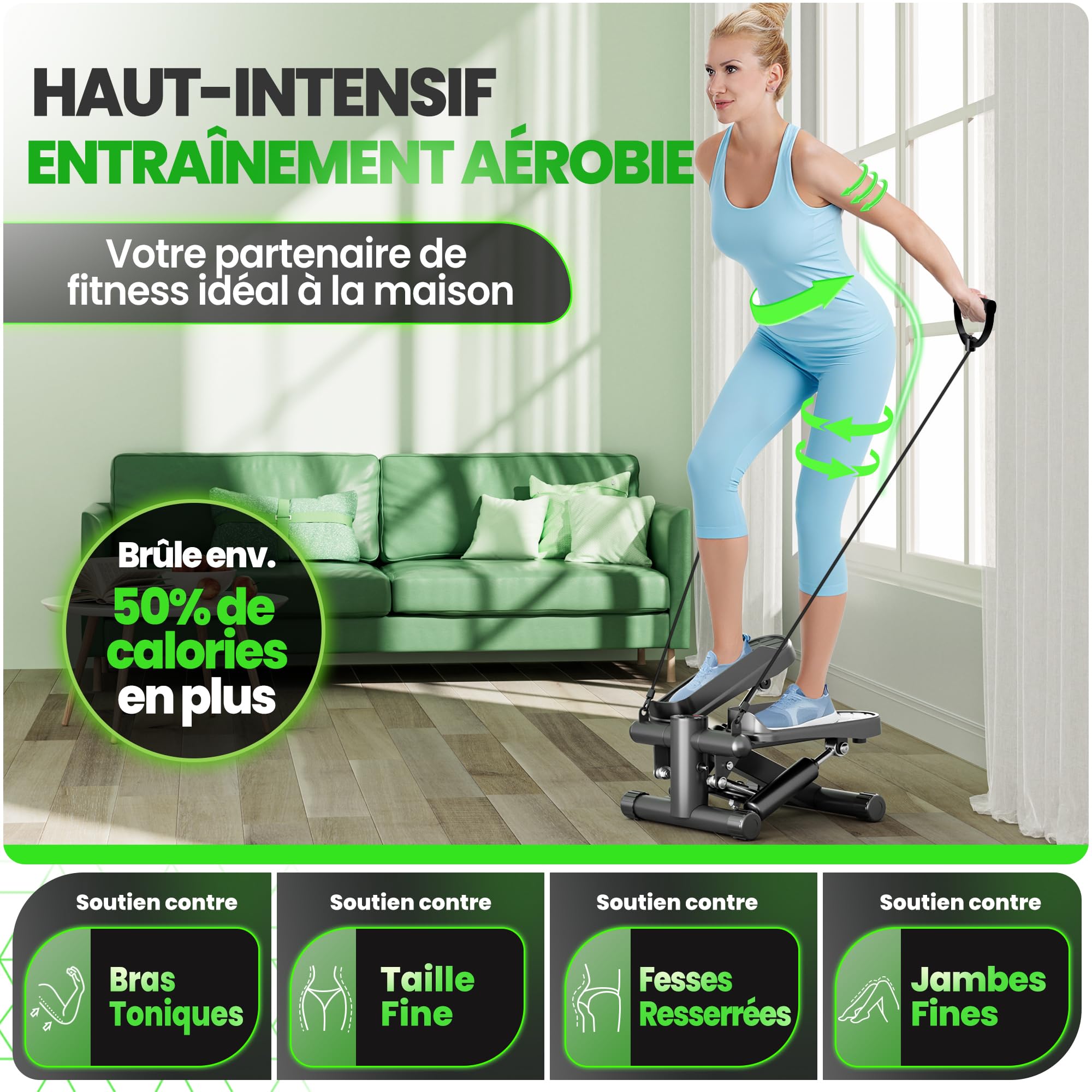 Ultrasport Mini Stepper Fitness Appartement avec Écran LCD Multifonction et Cordes de Puissance I Home Step Steppers Escalier Sport pour l'Entraînement des Jambes, des Bras, des Fesses