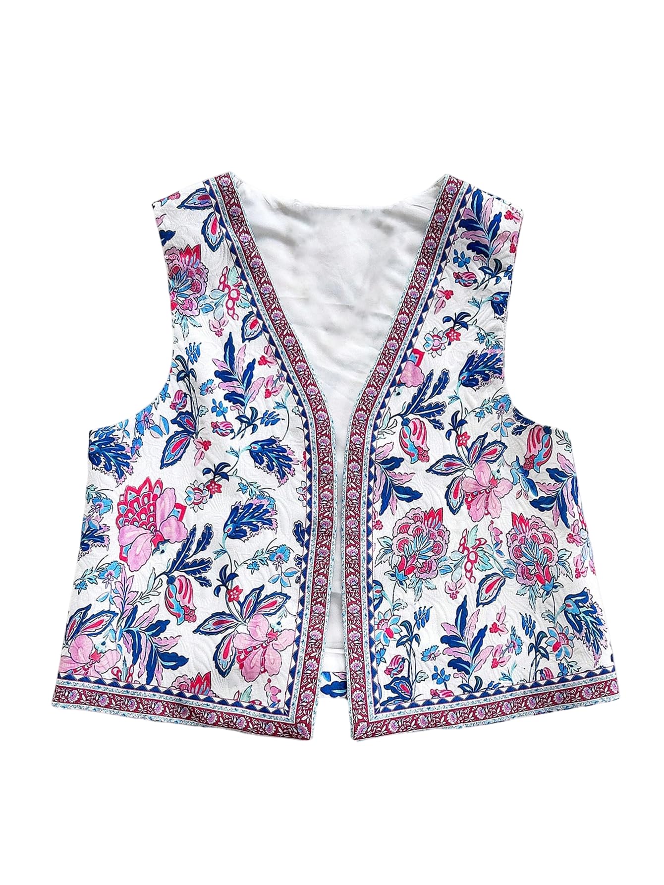 WDIRARA Womens Boho Floral Vest Western Country Concert Open Front Sleeveless Cardigan Vest