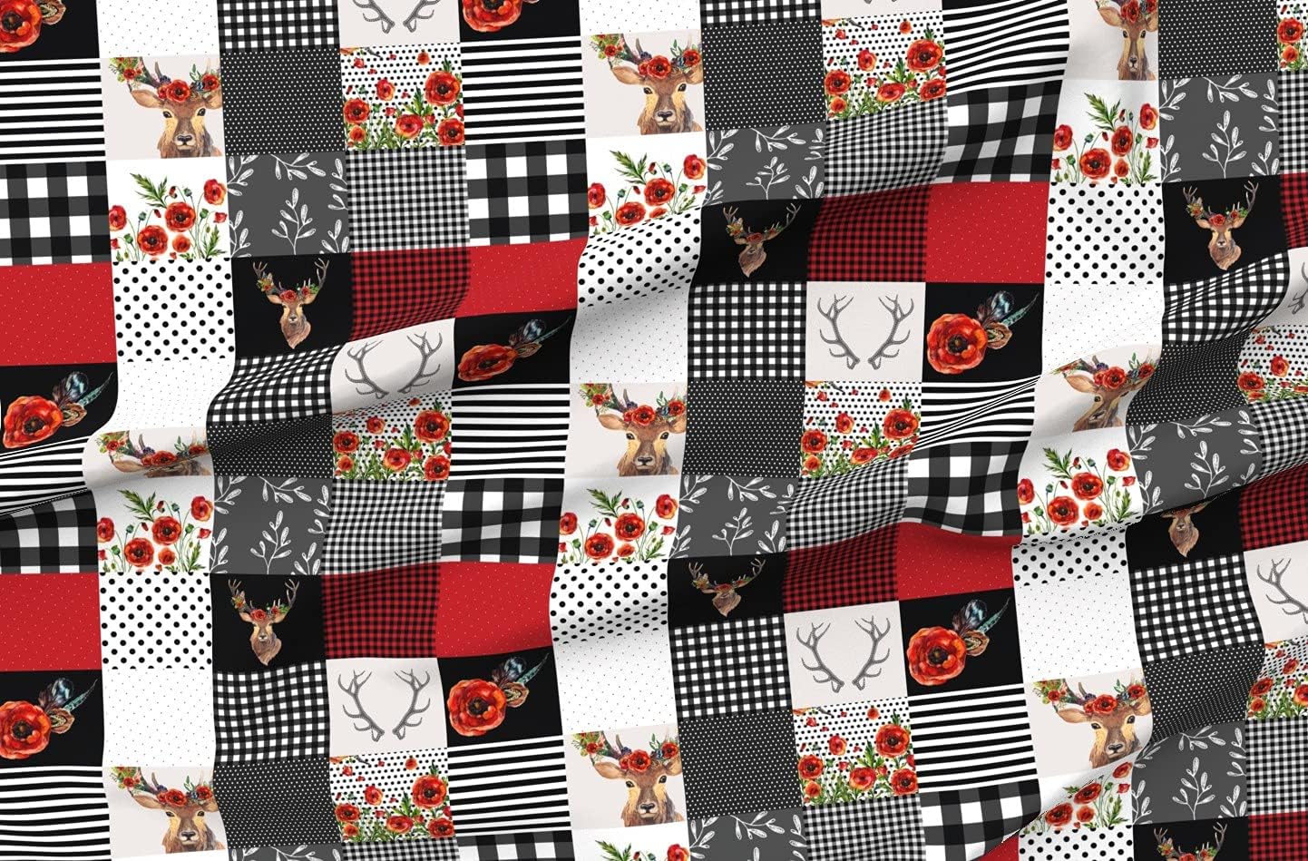 Spoonflower Fabric - Deer Quilt Woodland Baby Girl Black and White Red Floral Sfaut15 Printed on Organic Cotton Sateen Fabric by The Yard - Sewing Quilting Apparel Home Decor