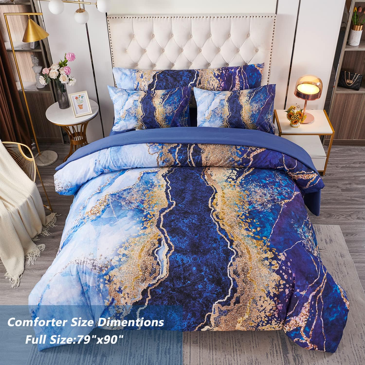 PERFEMET Watercolor Marble Printed Comforter Set Full Size 6 Pcs Blue Bed-in-A-Bag with Matched Bed Sheets Colorful Retro Artwork Style Bedding Comforter Sets(Blue, Full)