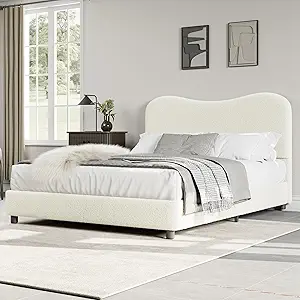 GarveeHome Full Bed Frame for Kids with Velvet Upholstered Headboard, Cute Low Profile Platform Bed for Girls and Boys, No Box Spring Needed, Strong Wooden Slats, Noise Free, Easy Assembly, Beige