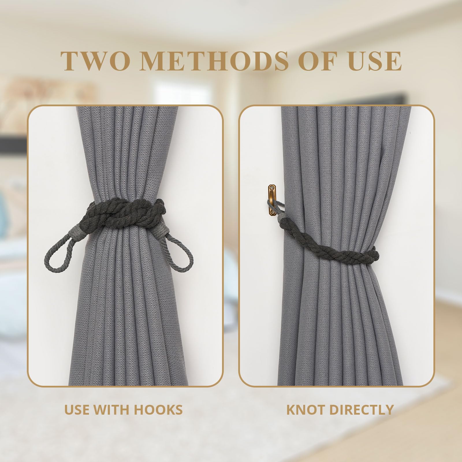 Pretty Jolly 2 Pack Natural Cotton Rope Curtain Tiebacks Elegant Boho Style Decor Drape Tie Backs Soft Hand-Woven Double Rope Curtain Holdbacks with Metal Hook for Home & Office Drapery (Dark Grey) - Image 4