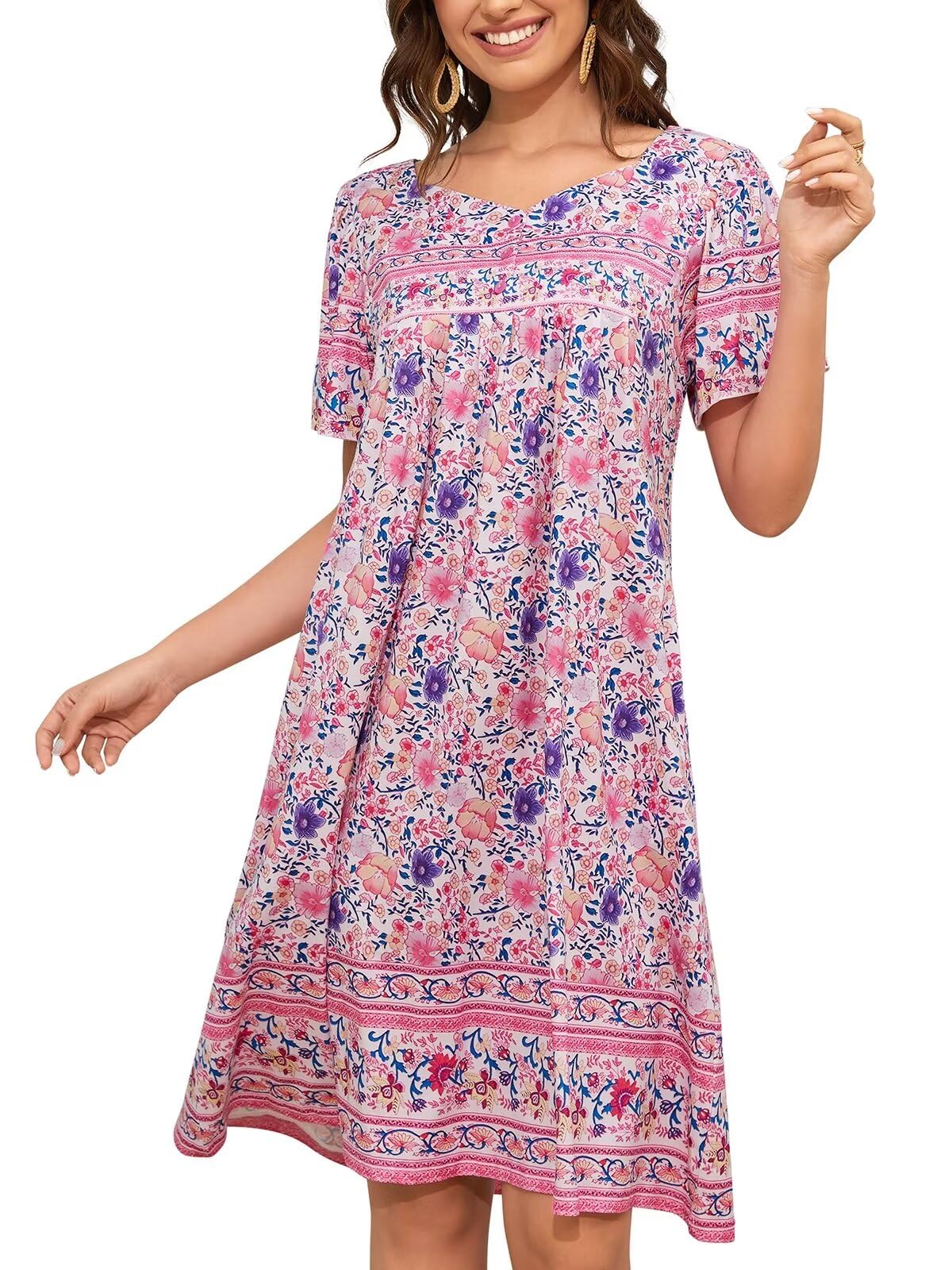CRIPOM Womens Nightgown Short Sleeve House Dress with Pockets-Floral Print Mumu Dress S-3XL