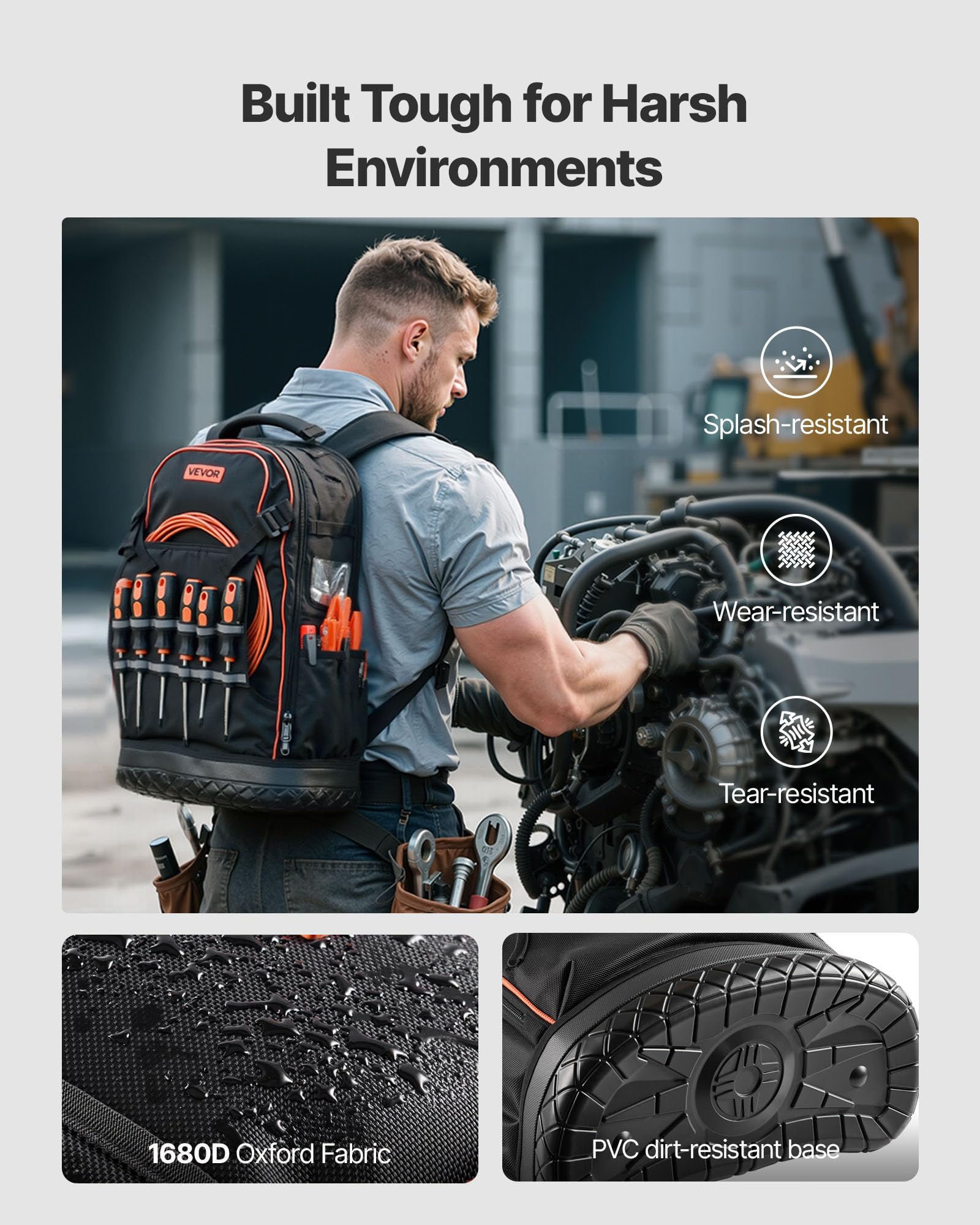 VEVOR Mochila para Herramientas, Mochila de Trabajo 370 x 195 x 520 mm con 65 Bolsillos, Compartimento para Portátil y Base Moldeada, Organizador de Herramientas para Electricistas, Reparadores