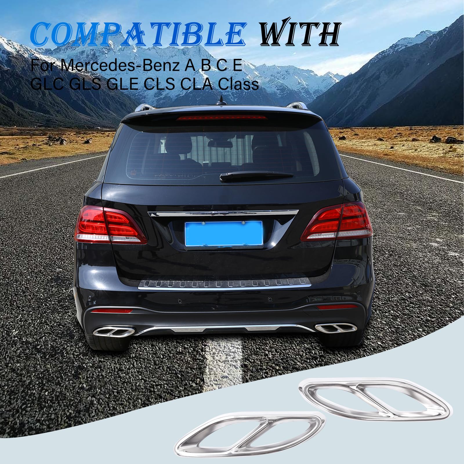 2 rivestimenti per tubi di scarico in acciaio per classe A B C GLC W205 W213 W246 W247 X253 W177 classe E C207 coupé (argento lucido)