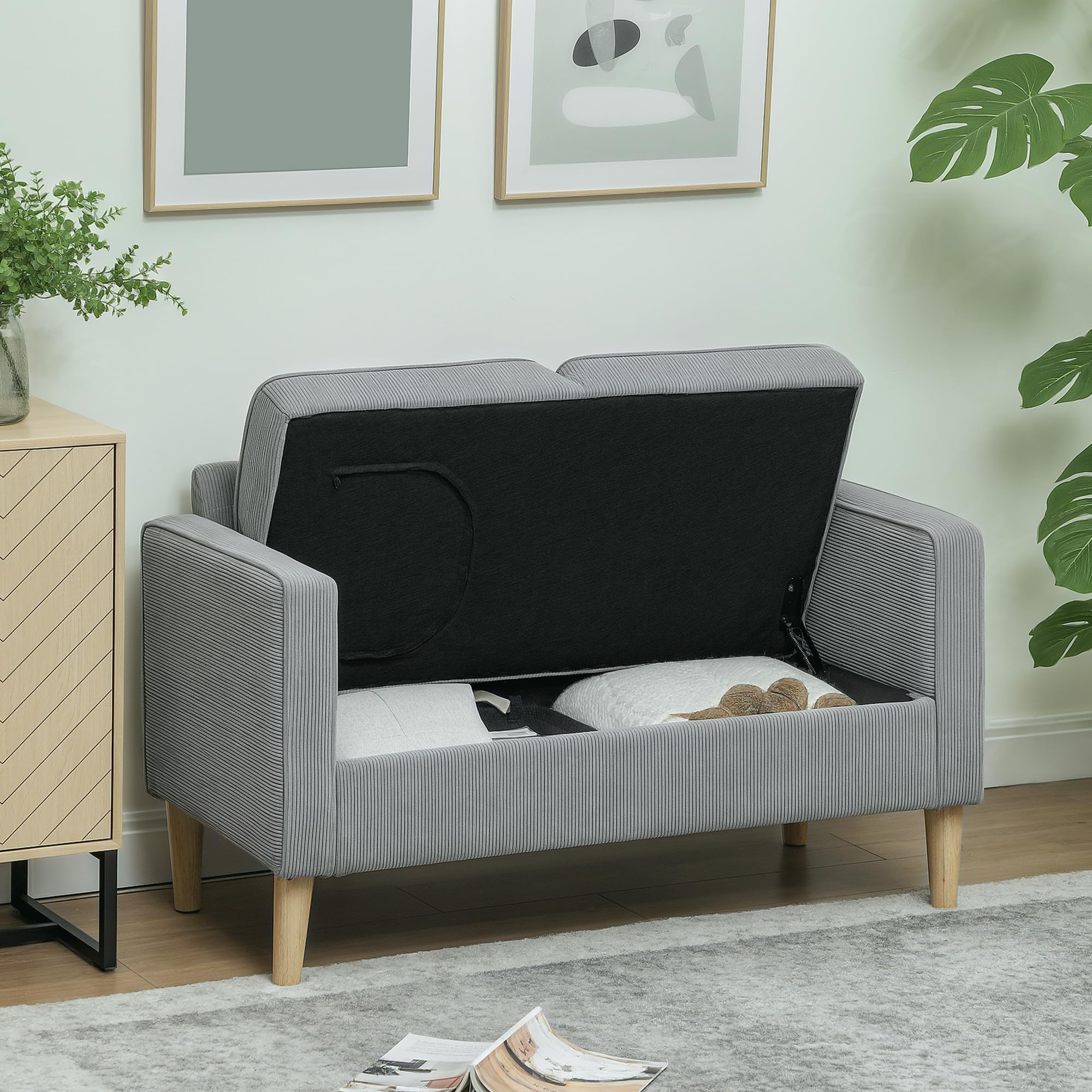 HOMCOM Sofa 2 Sitzer Couch mit 2 Armlehne Stauraum Hellgrau 117x63x79 cm | Kleine Loveseat, Cordoptik, Holzbeine, Modern Polstersofa, für Wohnzimmer, Schlafzimmer, Kleinen Raum