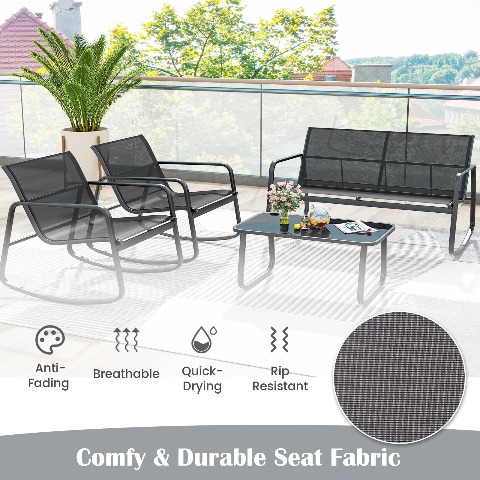 KOMFOTTEU Set da Bistrò in Tessuto Textilene, Set da Giardino in 4 Pezzi, Tavolo Portato 50 kg, 2 Sedie a Dondolo Portate 150 kg, e Divanetto Portato 300 kg, Set Tavolo e Sedie da Esterno (Nero)