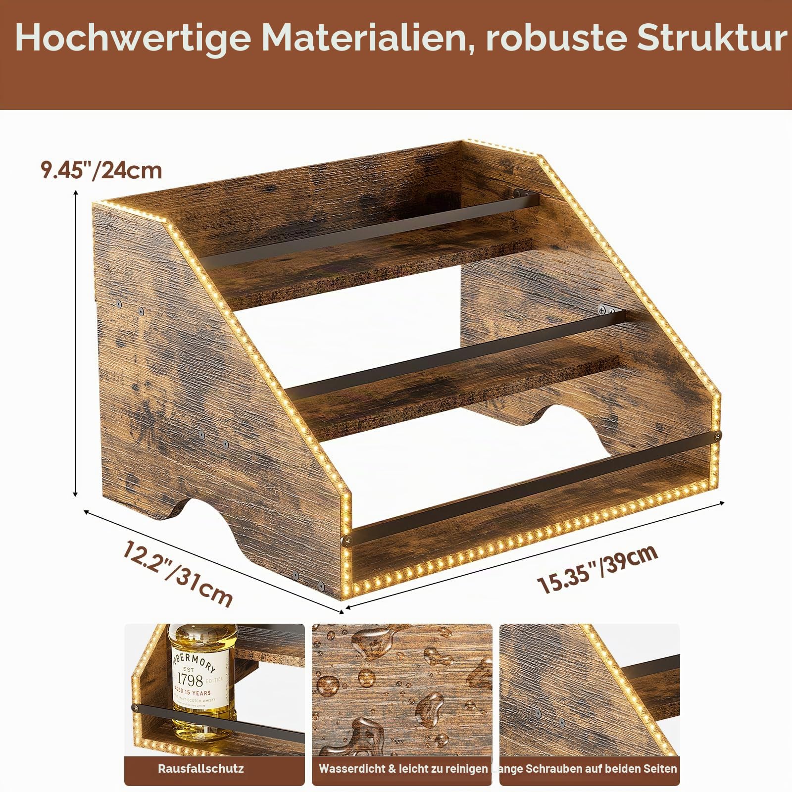 Nuovoware LED Beleuchtet Schnapsflasche Display Regal, 3 Schritt Holz Arbeitsplatte Schnapsregal mit Zäune Tragbare Griffe, 12-Flaschen-Whiskey-Regal Liquor Display Retro Weinregal für Home Bar, Braun