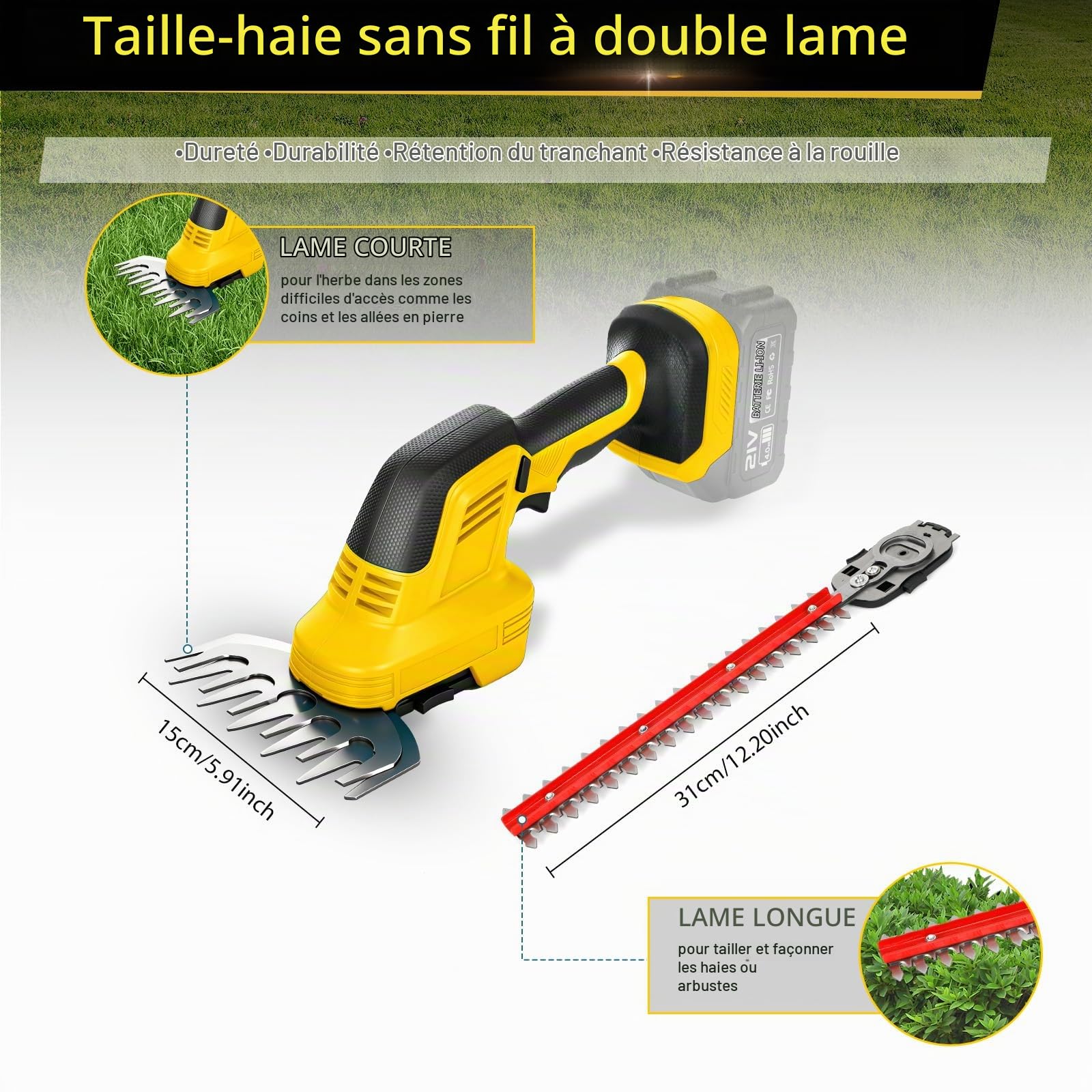 Taille-haie et sécateur électrique sans Fil 5-en-1 avec Manche télescopique Compatible Batterie DeWalt 20V, Longueur réglable 100–200cm, tête pivotante 0–180°, sécateur électrique pour Jardin