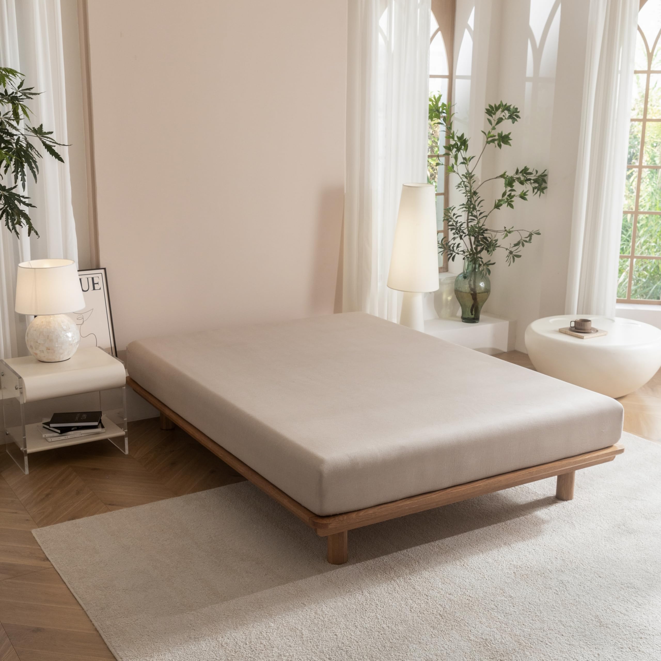Drap-housse coton lavé grand lit poches profondes matelas épais taupe
