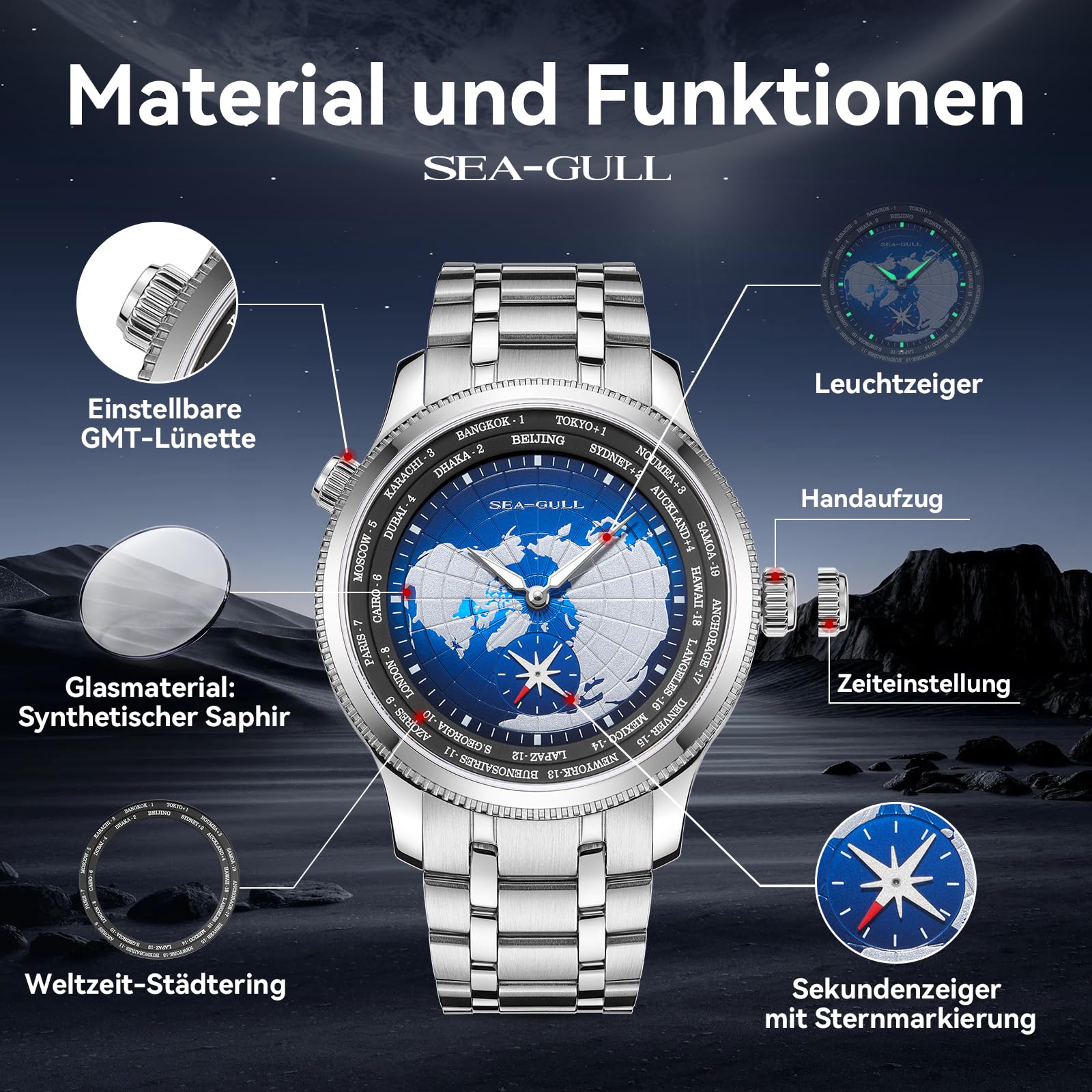 Seagull Automatische mechanische Herrenuhr, 41 mm GMT Weltzeit mit Sekundenzifferblatt, 5 ATM wasserdicht, leuchtende Armbanduhr, 6202