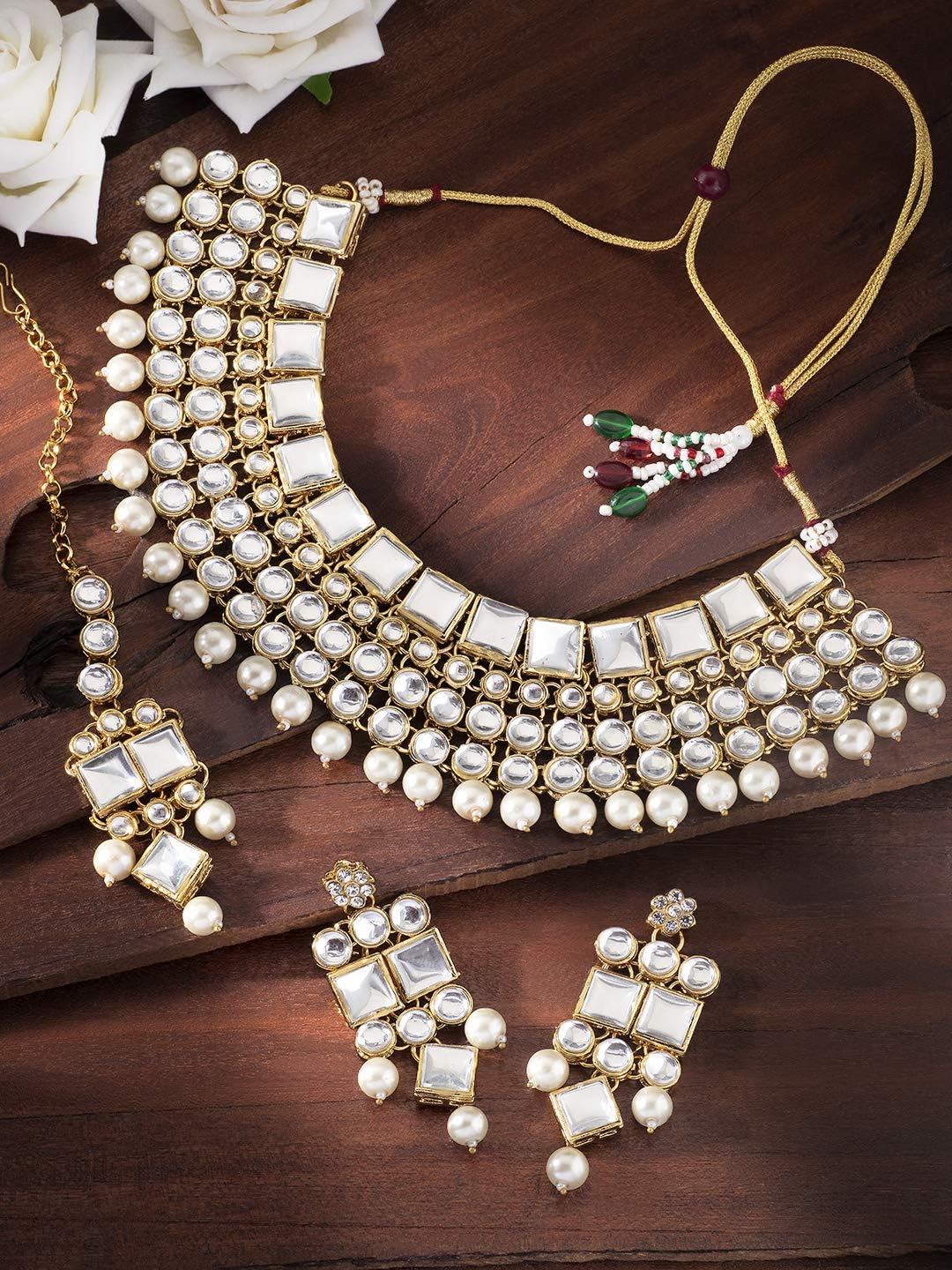 Aheli Faux Kundan Stone Indian Traditional Necklace Earrings Maang Tikka Set Wedding Fashion Party Wear Jewelry Gift for Women
