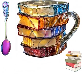Painted Book Coffee Mug,3D Handmade Colored Glass Book Coffee Mug with Spoon,Novelty Unique Colorful Acrylic Books Stack Shaped Coffee Cup Gifts for Book Lovers Readers Librarians Writers