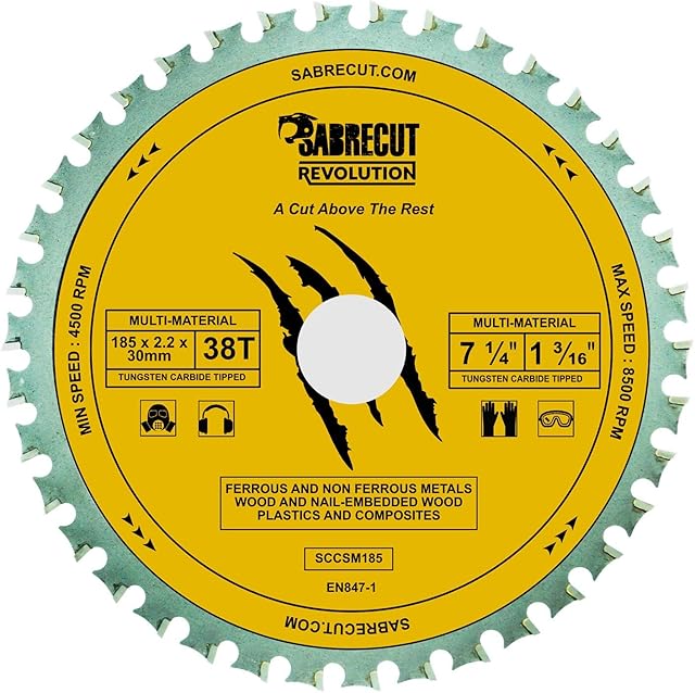 1 x SabreCut SCCSM185_38 185mm 38T x 30mm 25.4mm 20mm 16mm Bore Multi-Material Metal Wood Plastic Circular Saw Blade Compatible with Bosch Dewalt Makita Milwaukee and Many Others