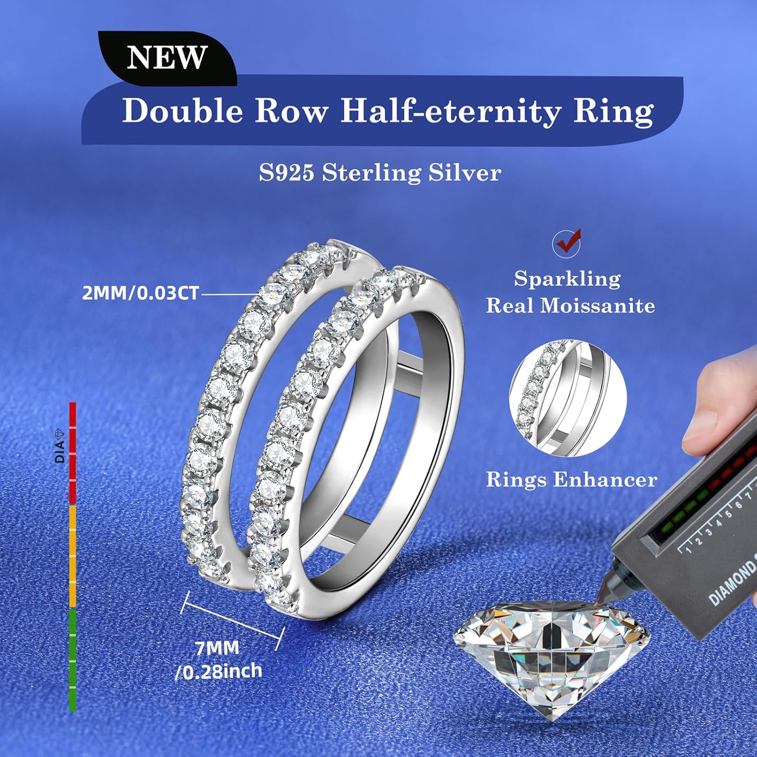 AINUOSHI Eternity Ring, 925 Sterling Silver Moissanite Stacking Rings for Women 2mm Round Cut Ideal Trendy Engagement Wedding Band Size 4-10