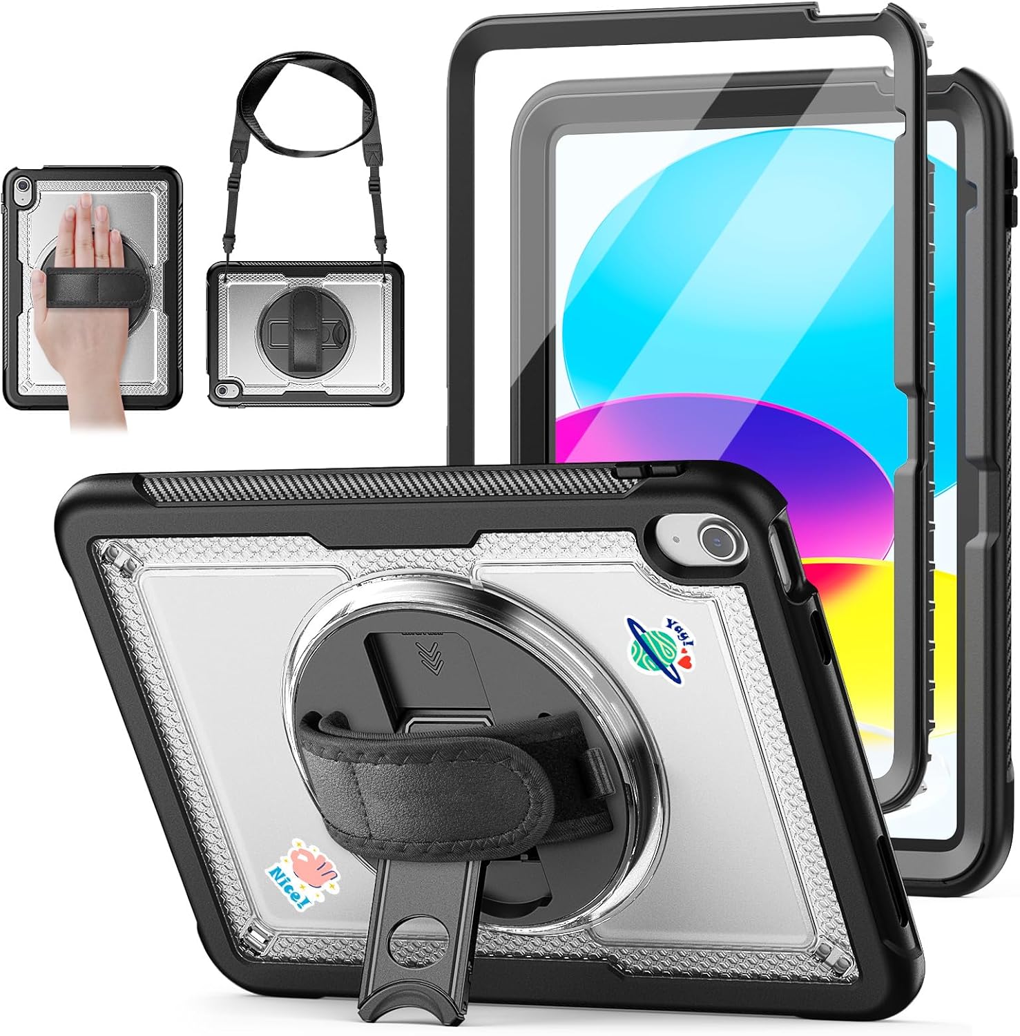 Clear Case for iPad (A16) 11th/10th Generation 11''/10.9'' 2025/2022: Shockproof Protective Case with Hand/Shoulder Strap, Pencil Holder, Rotate Stand, Screen Protector