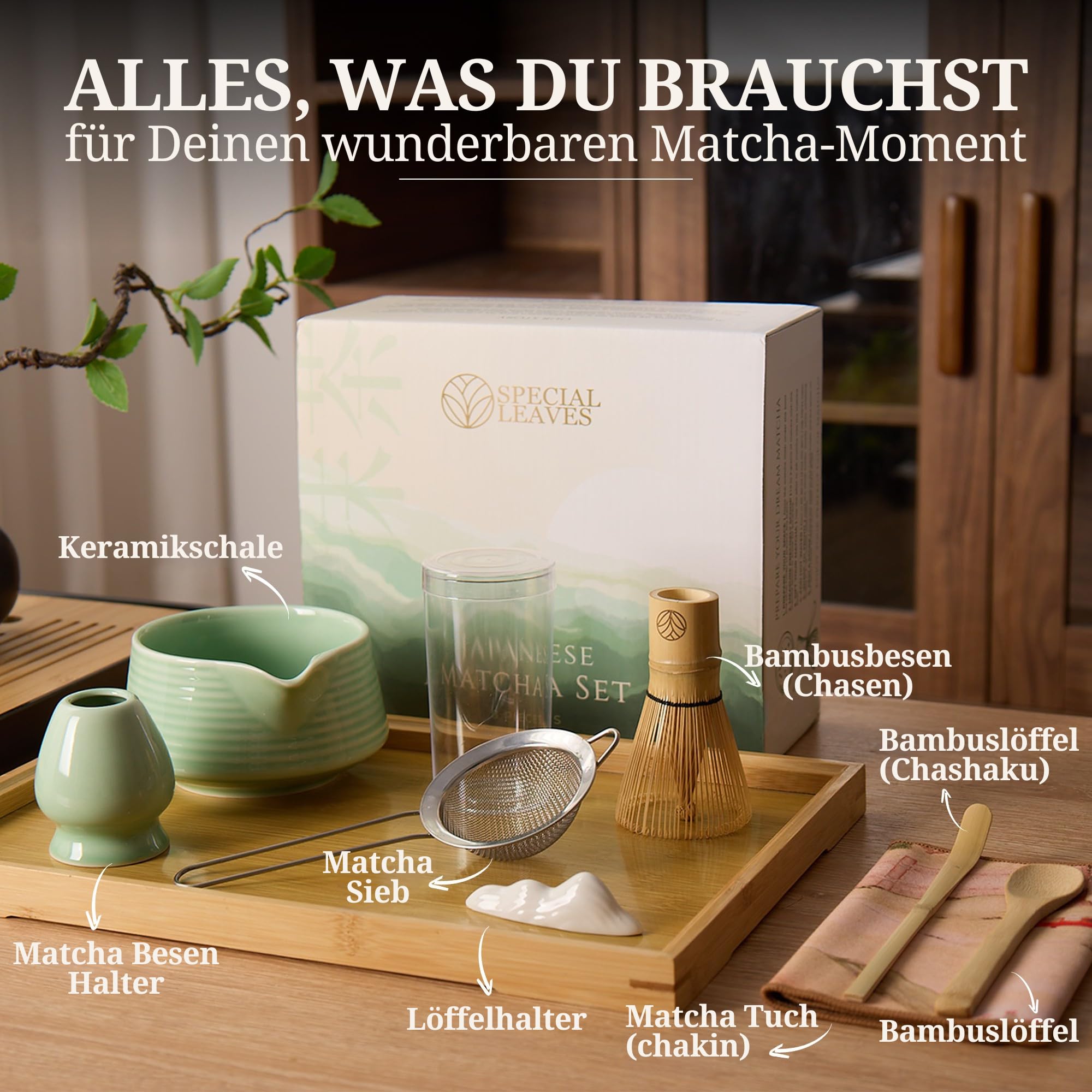 Zestaw matcha – miętowa zieleń – 8-częściowy zestaw do herbaty matcha – miotła, miska, łyżka, miarka, sitko, uchwyt i akcesoria – zestaw premium matcha dla miłośników matchy
