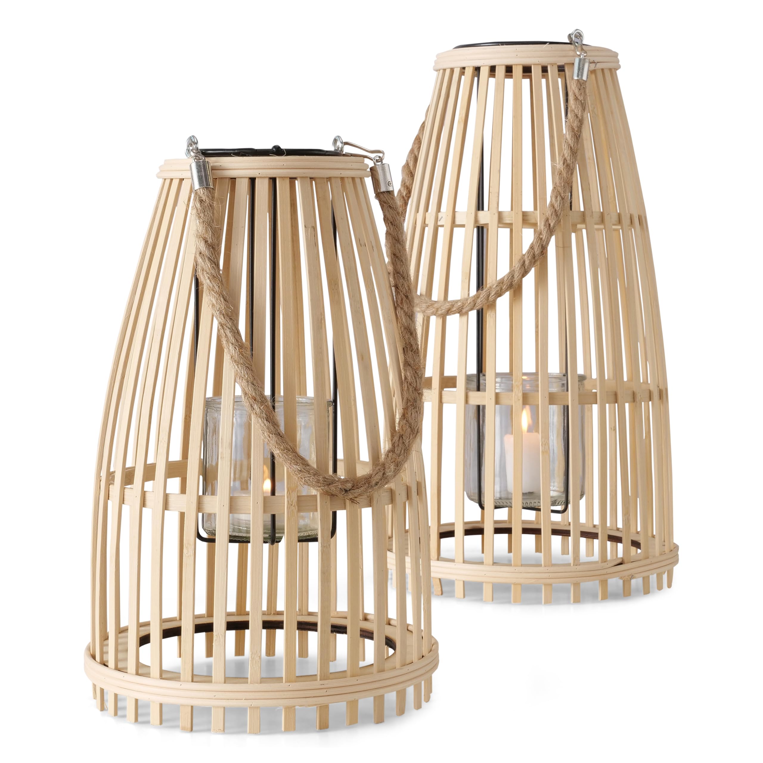 Key West Bamboo Candle Lanterns, Set of 2, Handmade, Bamboo, Glass Cup, Black Metal Armature, Twisted Rope Handle, 17.25 and 13.5 Inches