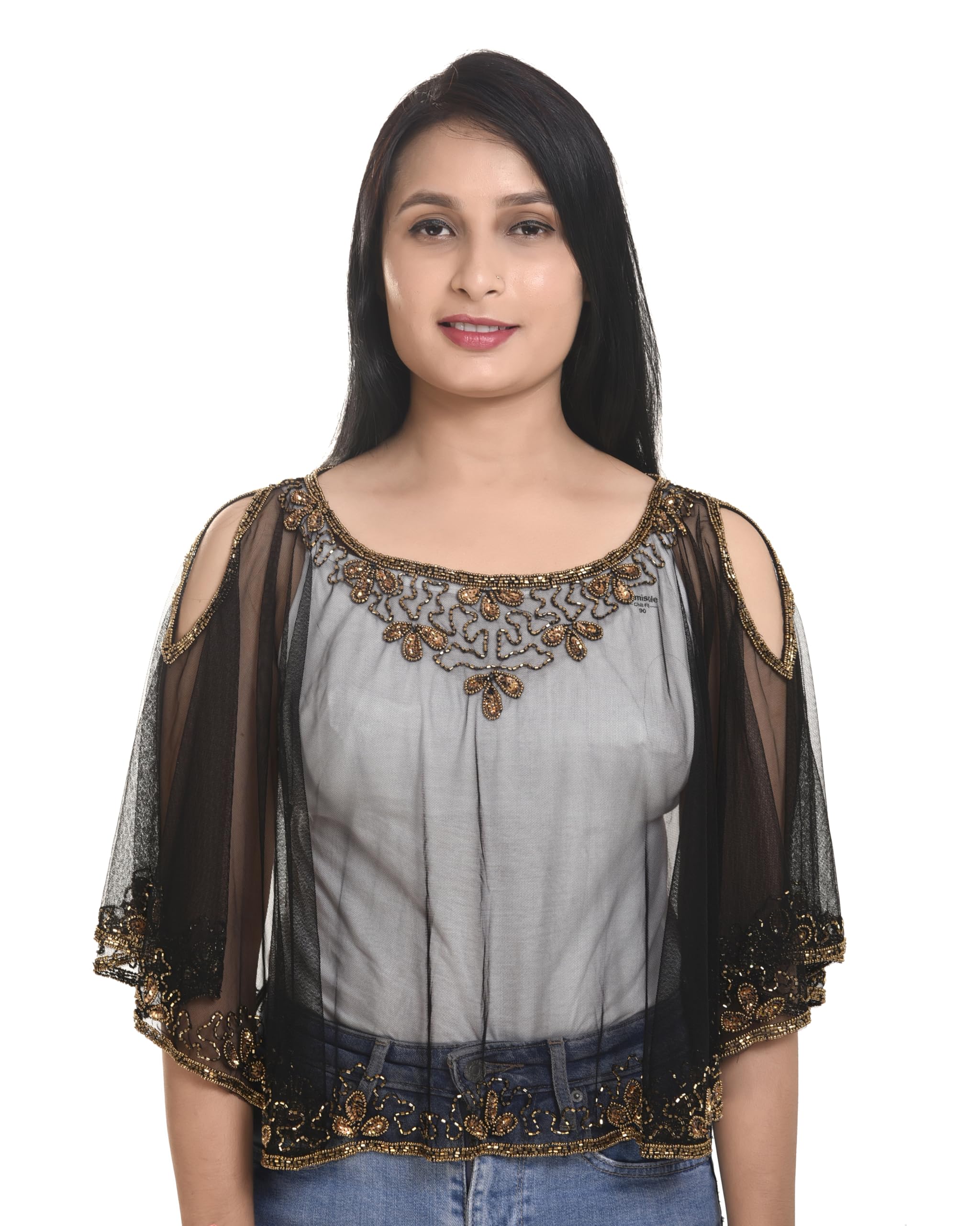 Women's Net Cape, Neck Poncho with Beaded Embroidery, Sleeveless,-image-30