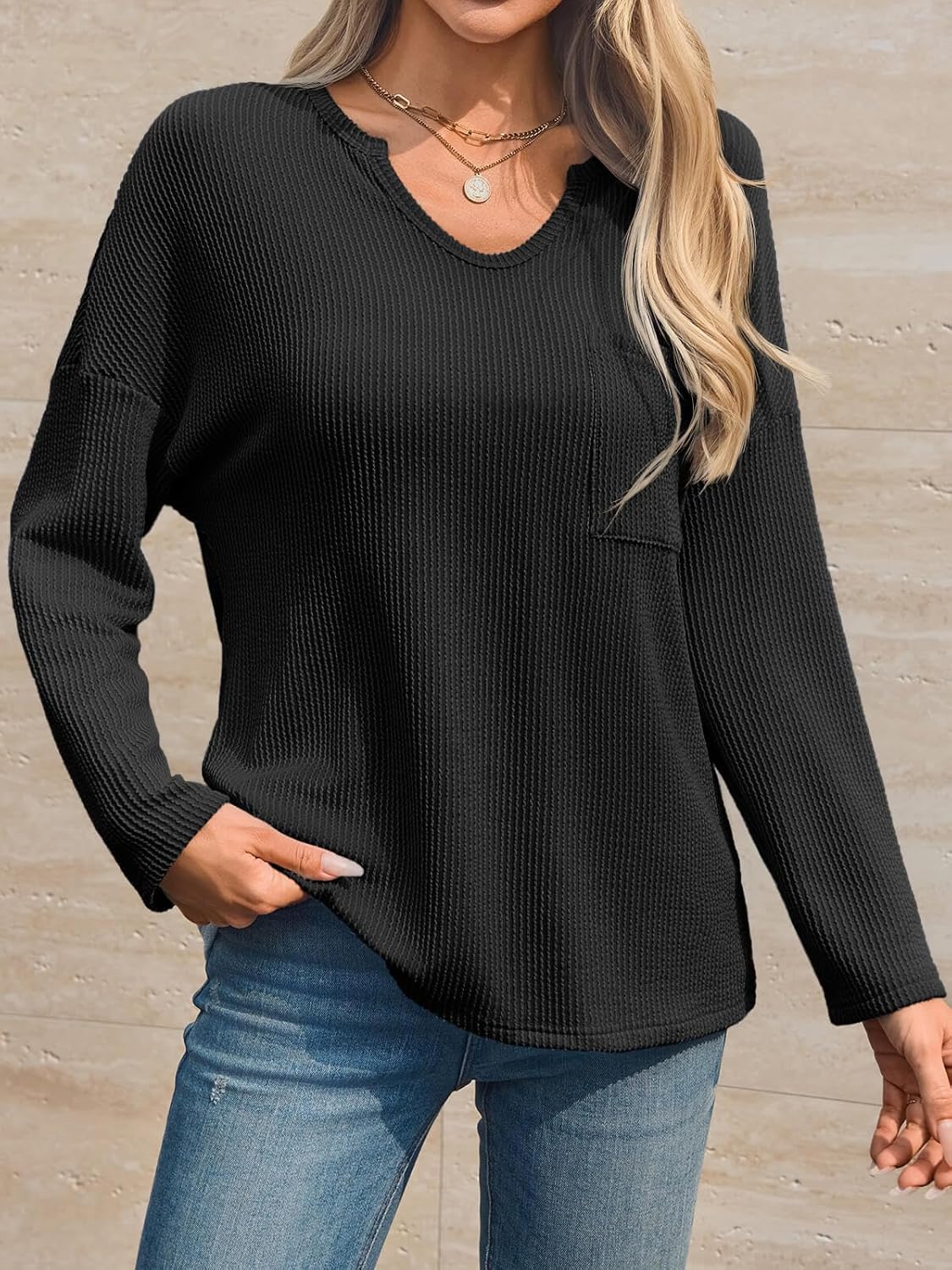 Cicy Bell Womens Tops Oversized Long Sleeve V Neck Shirts Casual Loose Fit Knit Tee Shirt with Pocket - Image 3