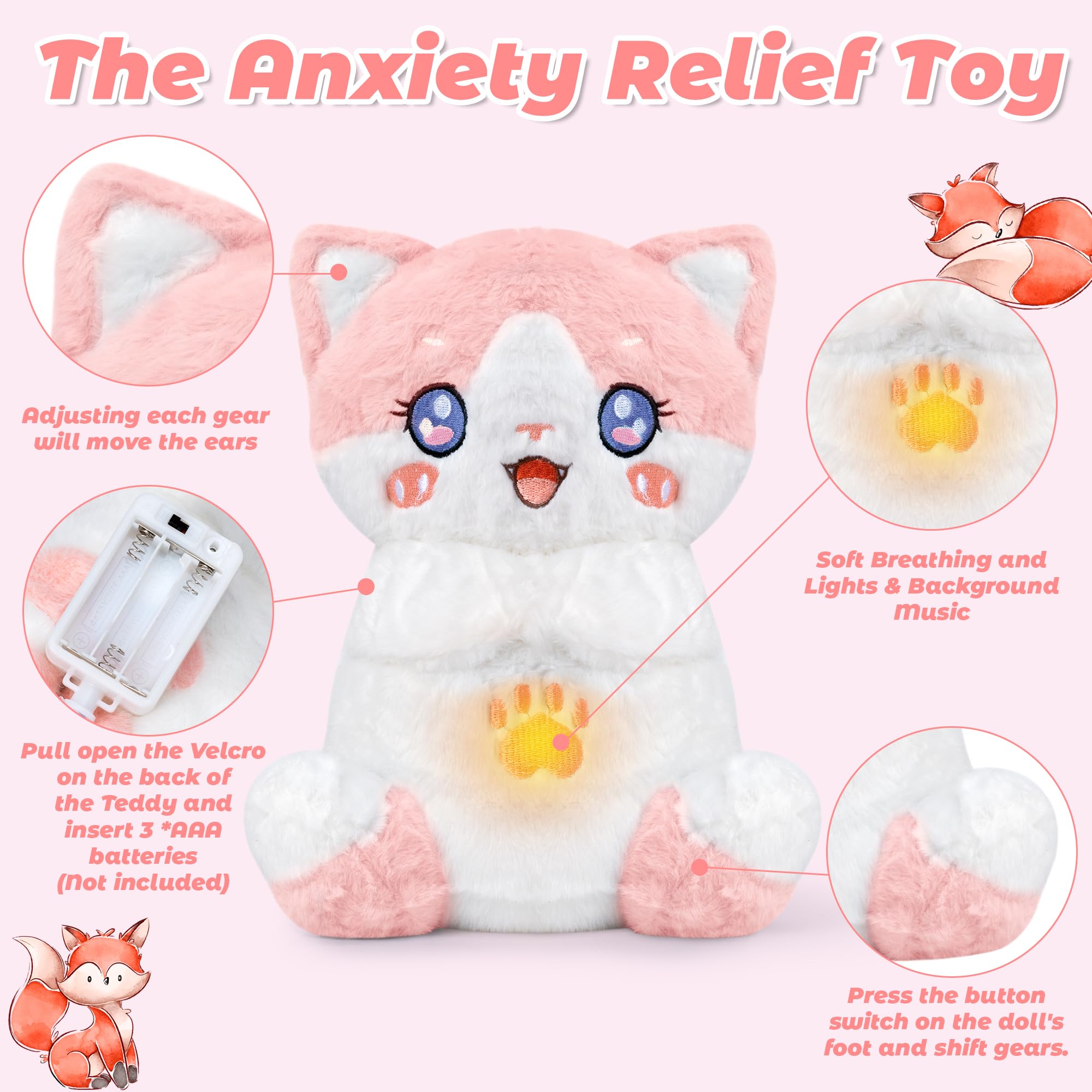 GwaOery Breathing Teddy Anxiety Bear, Foxcat Anxiety Relief Sensory Plush - Image 3