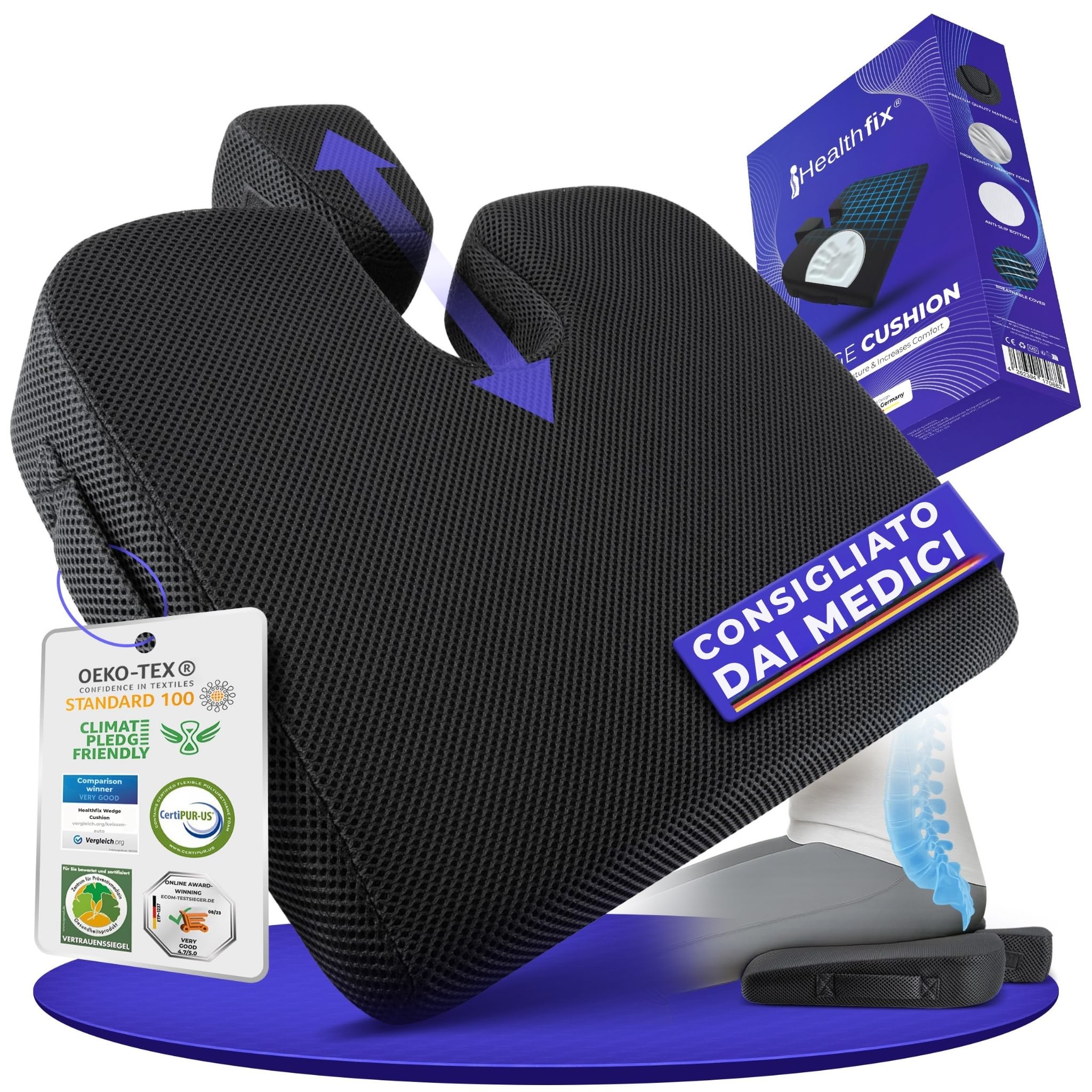 Healthfix® Cuscino a Cuneo per Migliorare la Postura – Cuscino Ergonomico per Sedia Ufficio e Auto | Cuscino Ortopedico in Memory Foam a Densità Ottimale con ritaglio per il coccige