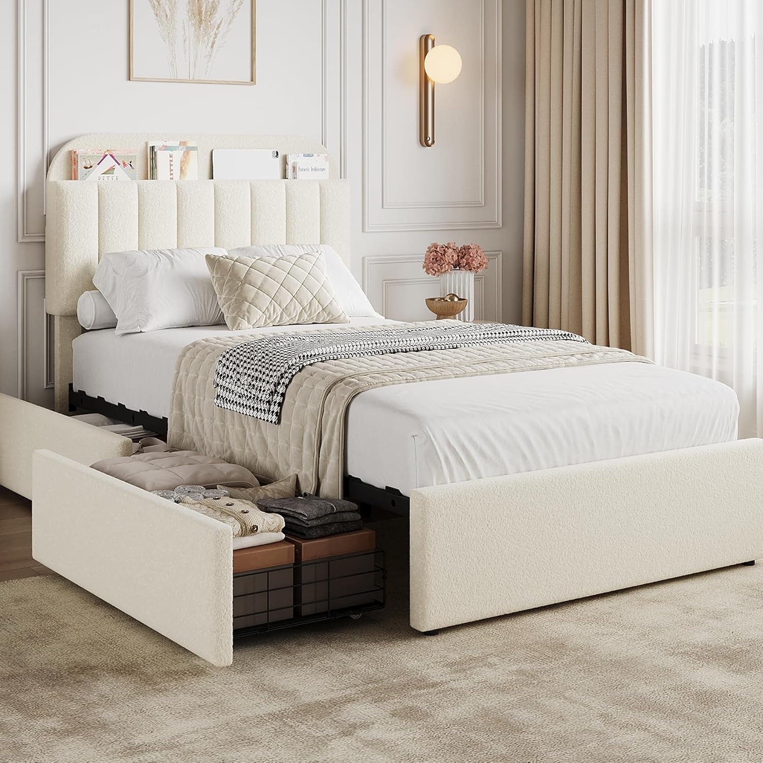 Incomplete))) GarveeHome Twin Bed Frame with Storage Headboard, Kids Bed Frame with 2 Drawers, Boucle Upholstered Platform Bed with Bookcase, No Box Spring Needed, Easy Assembly, Beige White Beige White Twin