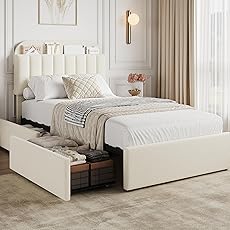 GarveeHome Twin Bed Frame with Storage Headboard, Kids Bed Frame with 2 Drawers, Boucle Upholstered Platform Bed with Bookcase, No Box Spring Needed, Easy Assembly, Blue