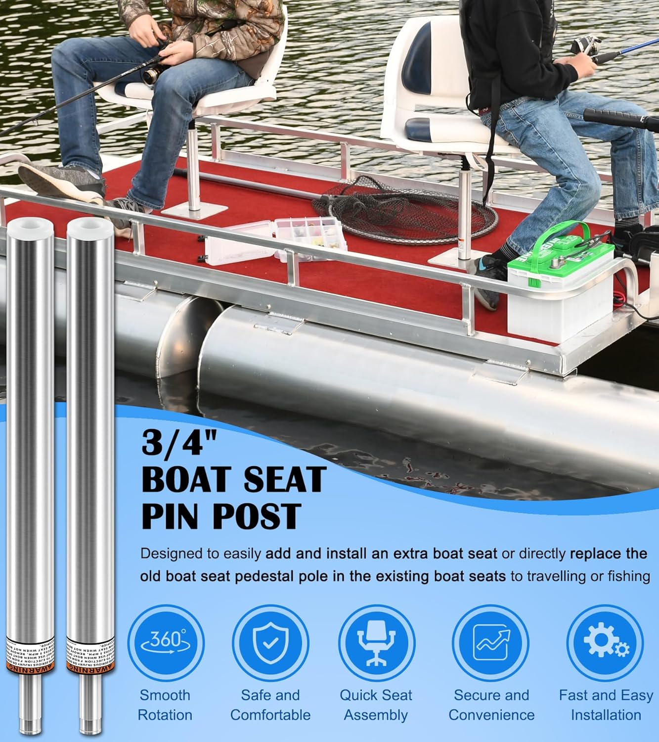 2PCs 3/4" Boat Seat Pin Post for Most Marine Boat Seat Pedestal Base Mount, SP-2164 Boat Seat Pedestal Post Lock-in Aluminum Extension Post Pole for Pontoon Boat/Fishing Boat/Bass Boat/Cruising Boat