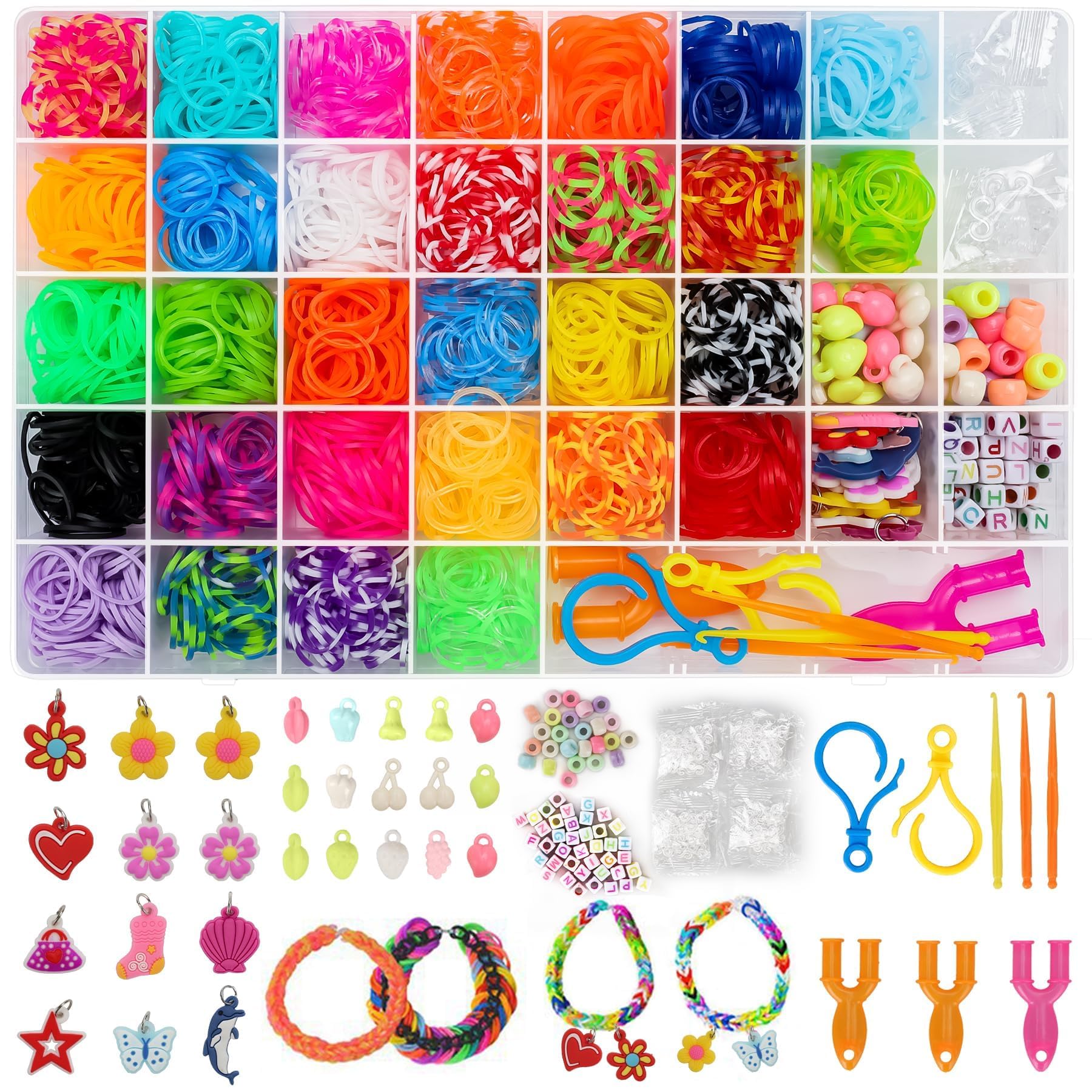 Zestaw ponad 2500 pasków loom, 30 kolorów, do samodzielnego uzupełniania bransoletek, do tworzenia zestawów rzemieślniczych, opaski Twist z większą ilością akcesoriów, w 40 kratkach, etui na