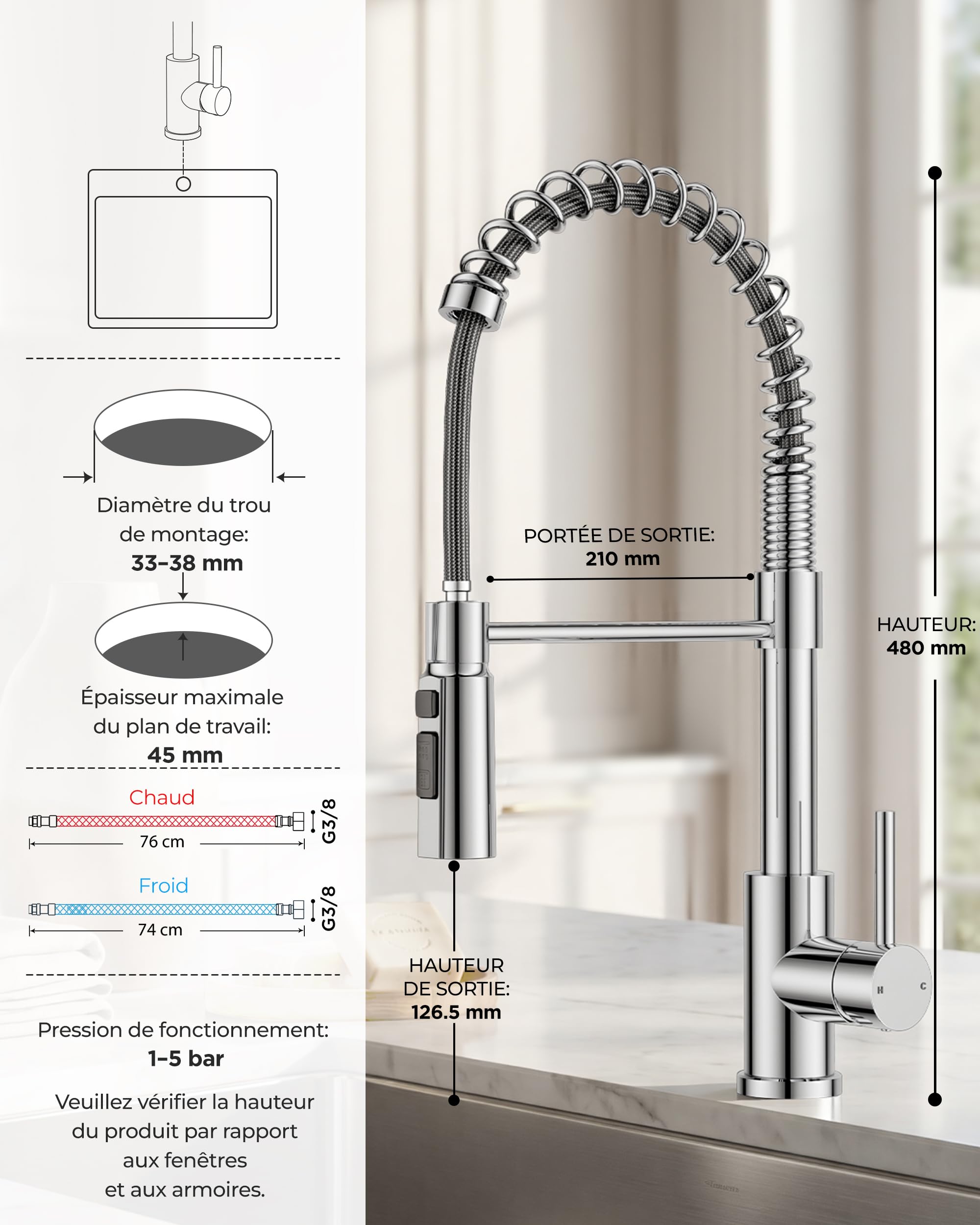 FORIOUS Robinet Cuisine, Robinet Evier Extensible, Mitigeur Cuisine à Poignée Unique avec 3 Modes, Robinet D'évier à Ressort Rotatif à 360°, Chrome Poli
