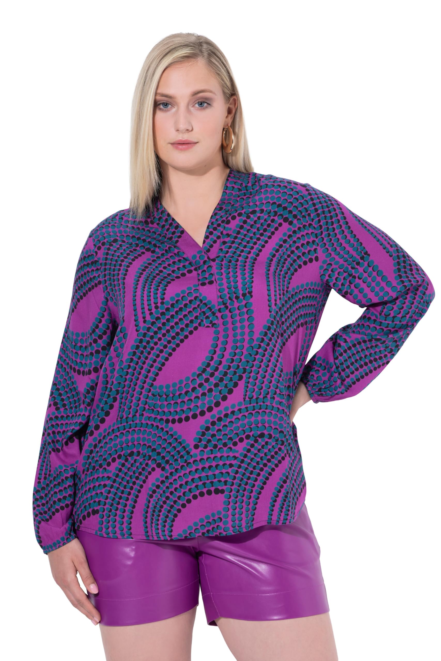 Ulla Popken Damen große Größen Übergrößen Plus Size Bluse, Punkte, Kelchkragen, V-Ausschnitt, Langarm 843164