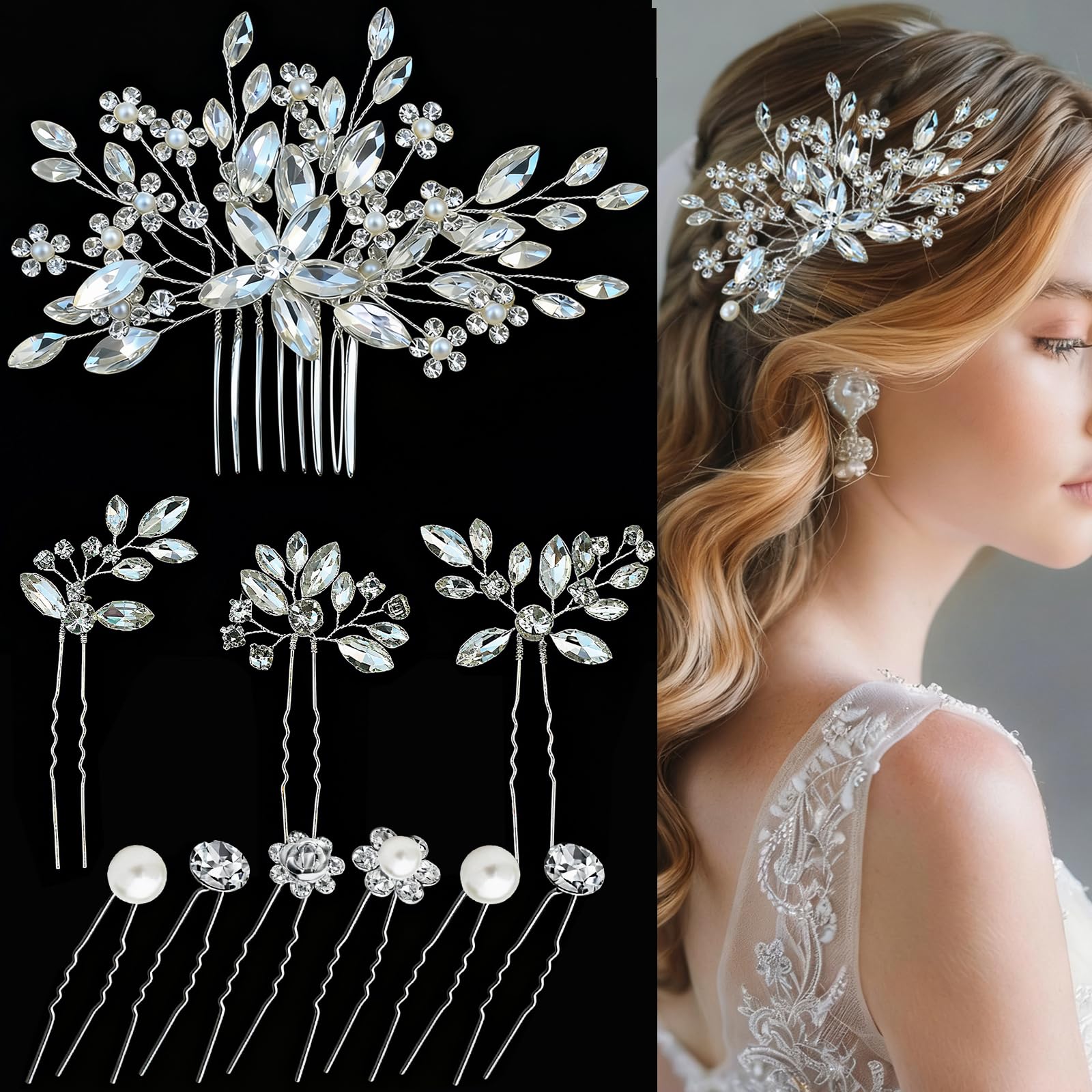 View 1 of 10 pcs Wedding Hair Accessories Bridal Hair Pins Silver Rhinestone with Pearls Hair Pieces for Brides Women Girls (Silver A)